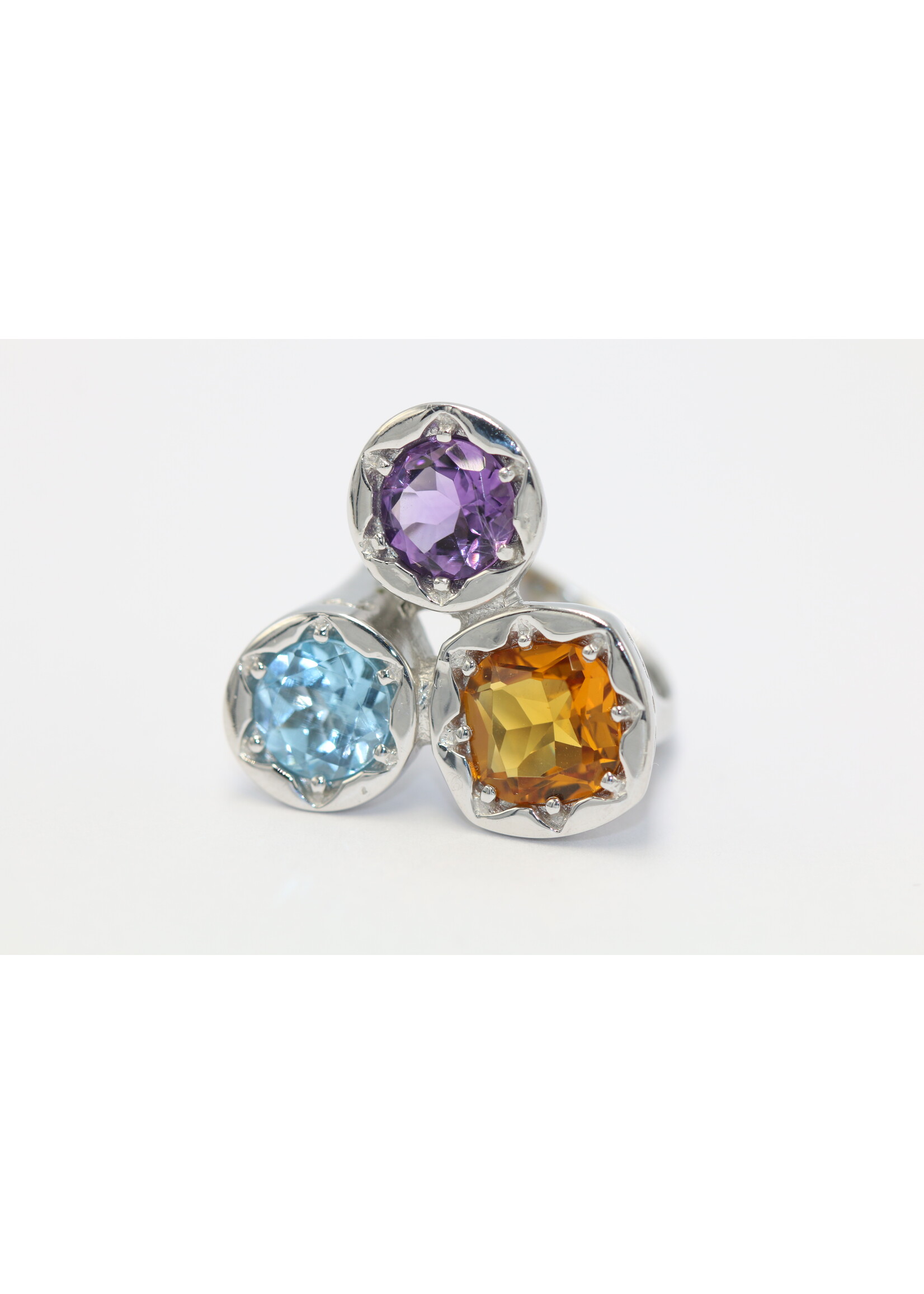 925 rhodium plated silver ring set with natural Amethyst, Citrine and Topaz