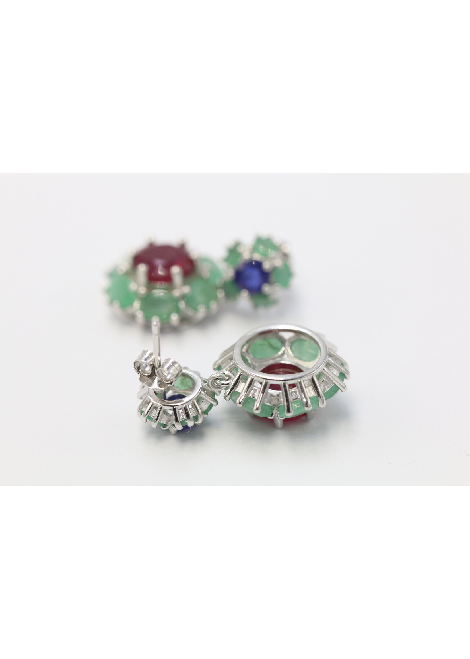 925 rhodium plated silver earrings set with natural sapphire, ruby and emeralds