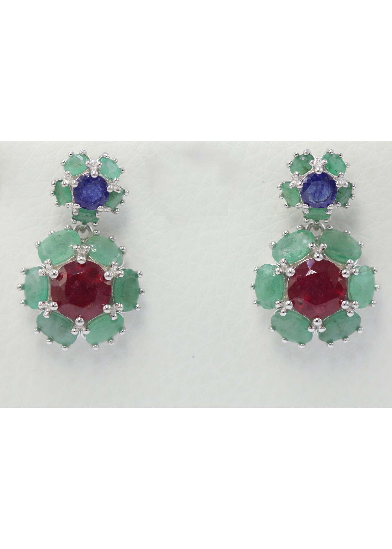 925 rhodium plated silver earrings set with natural sapphire, ruby and emeralds