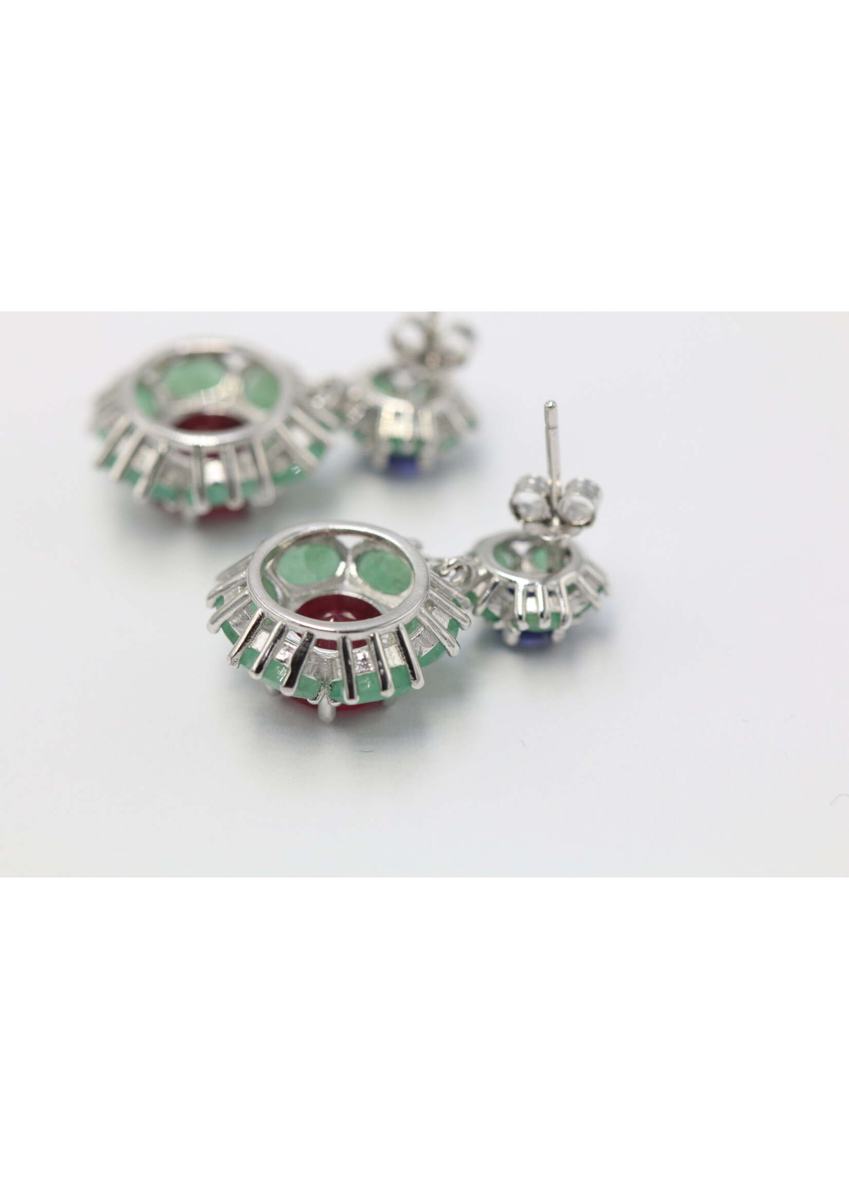 925 rhodium plated silver earrings set with natural sapphire, ruby and emeralds