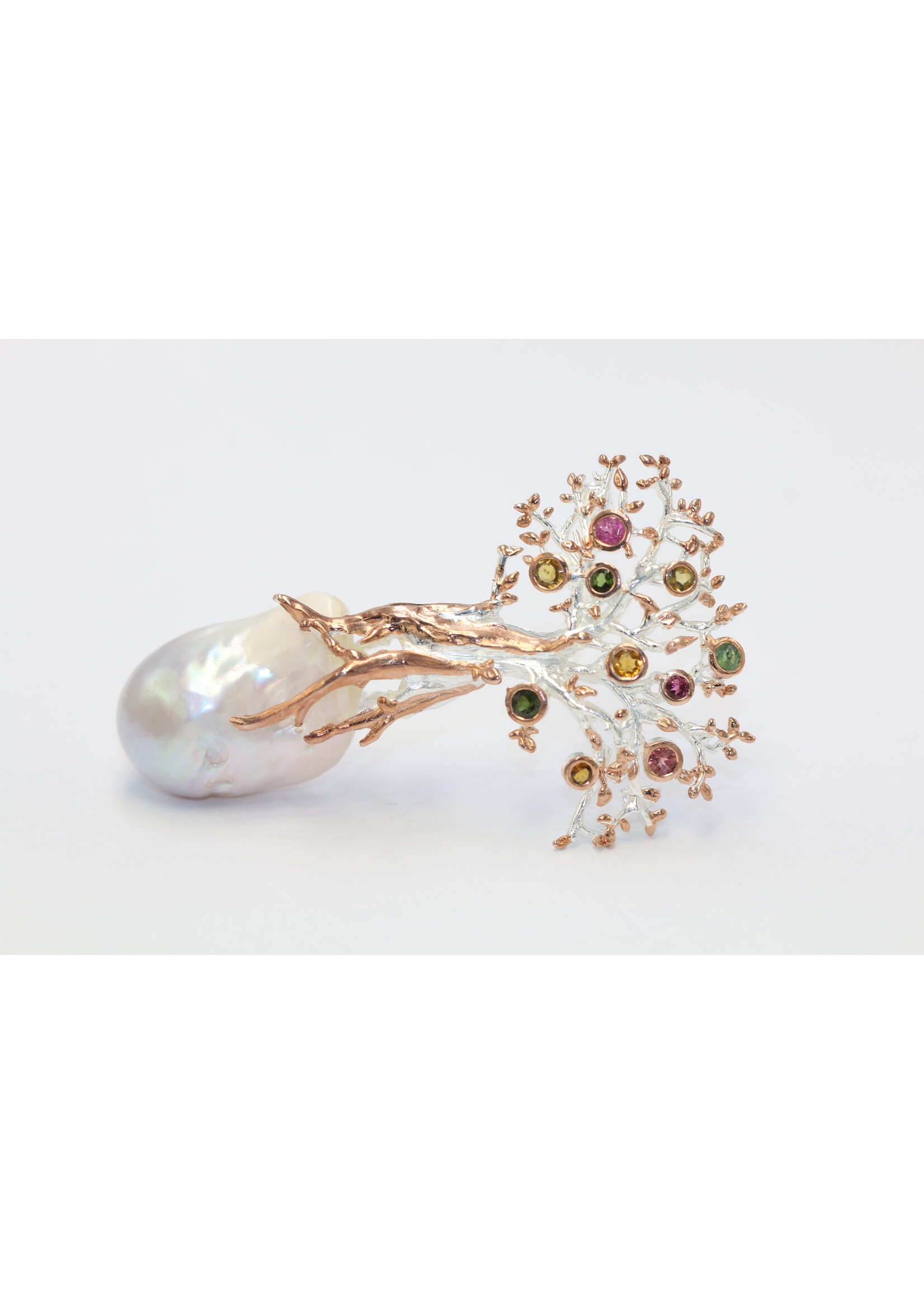 925 gerhodineerd zilveren Brooch bezet met natuurlijke  Parel en Toermalijnen