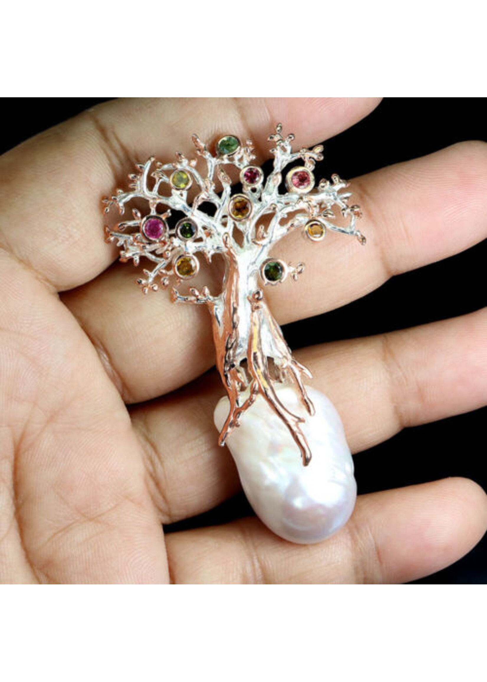 925 rhodium plated silver brooch set with natural pearls and tourmalines