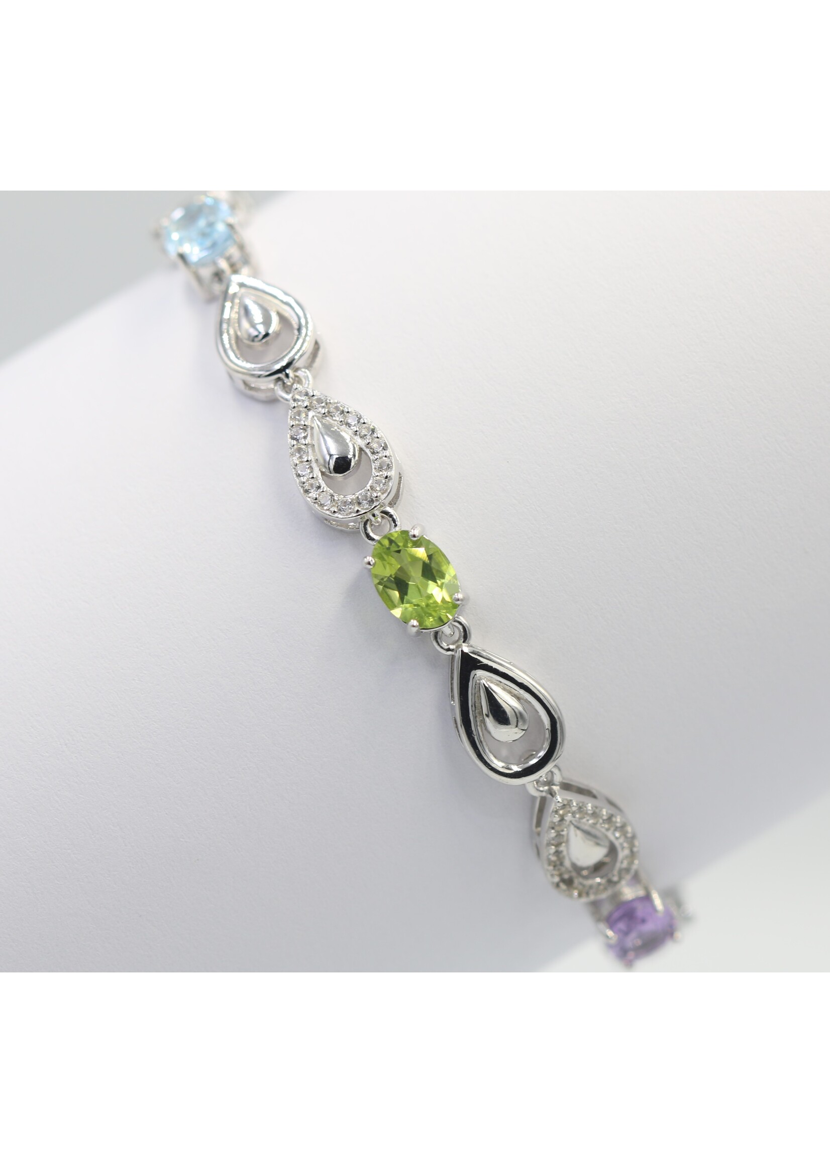 925 gerhodineerd zilveren Armband bezet met natuurlijke  Amethist,Peridot en Topaas