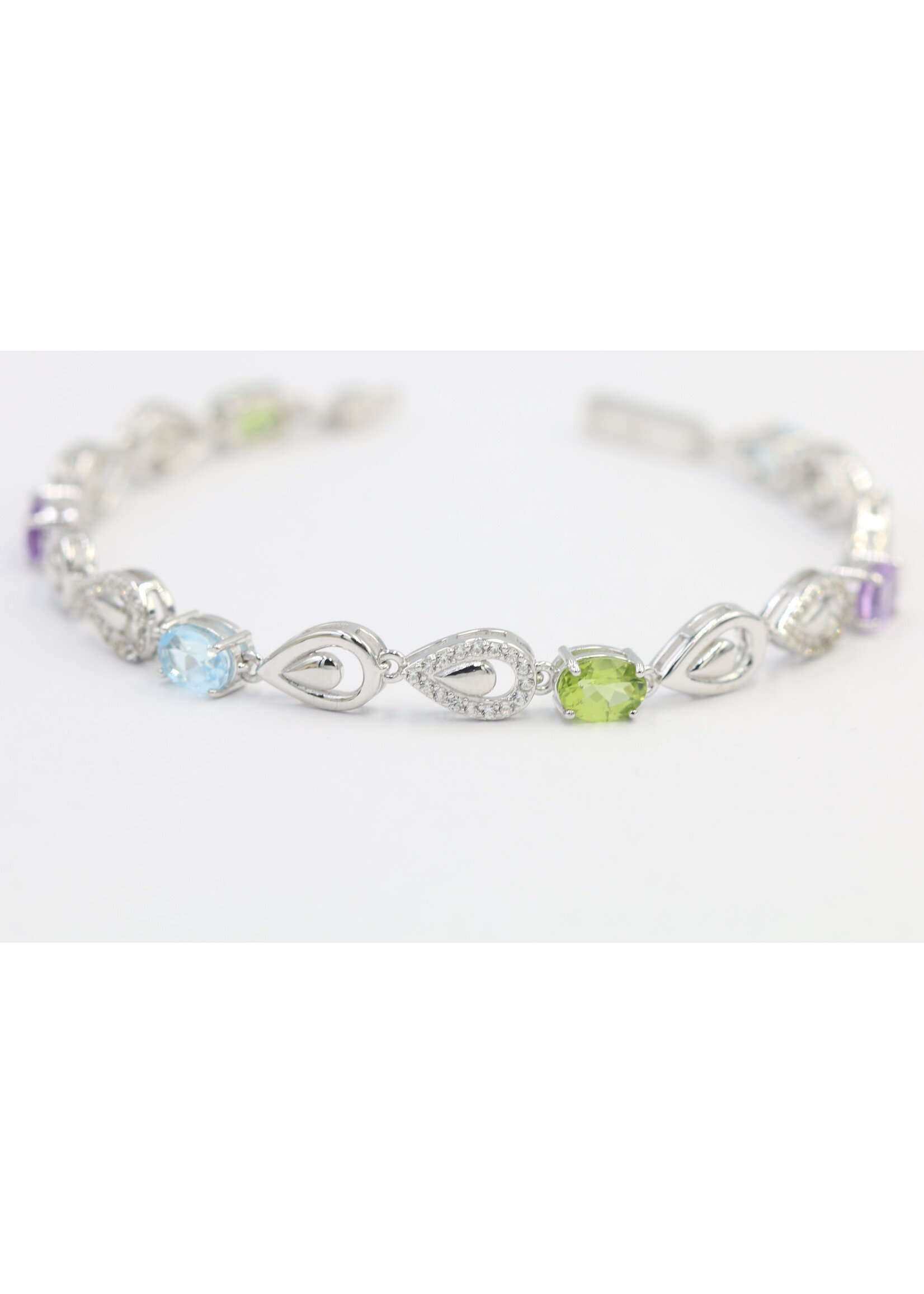 925 gerhodineerd zilveren Armband bezet met natuurlijke  Amethist,Peridot en Topaas