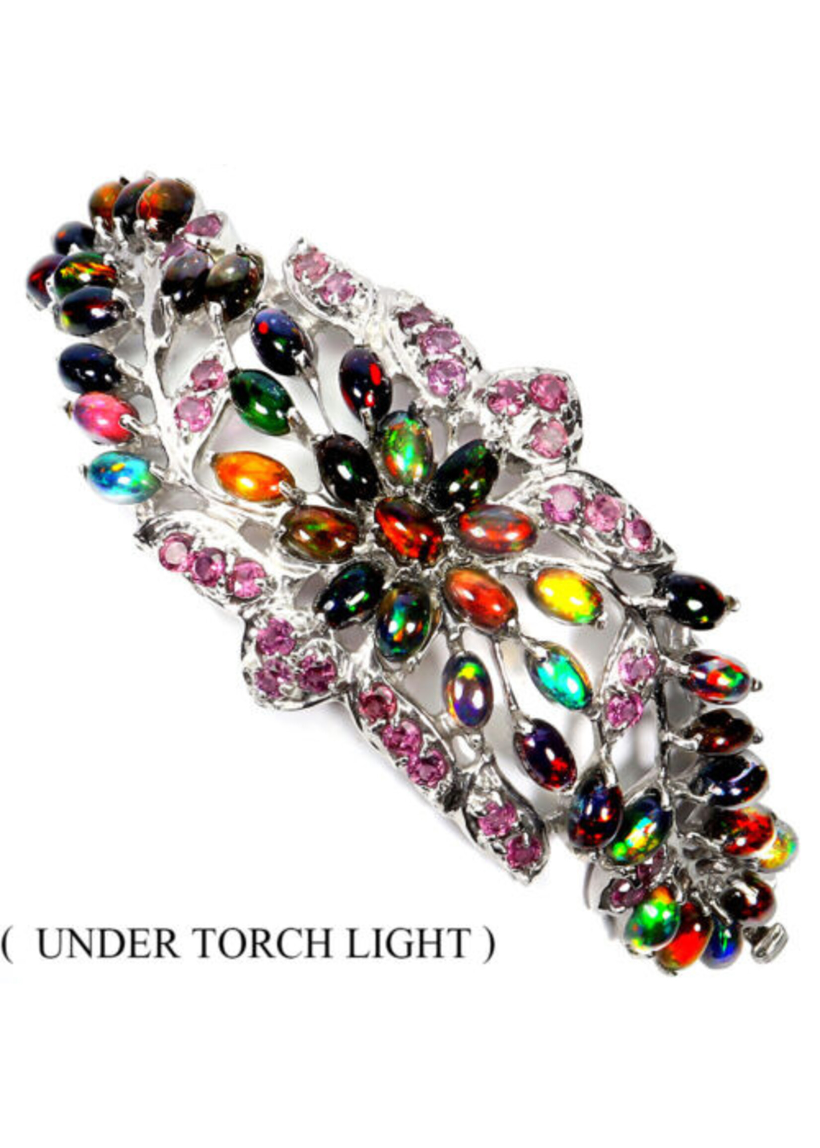 925 rhodium plated silver bracelet set with natural black opal and rhodolites