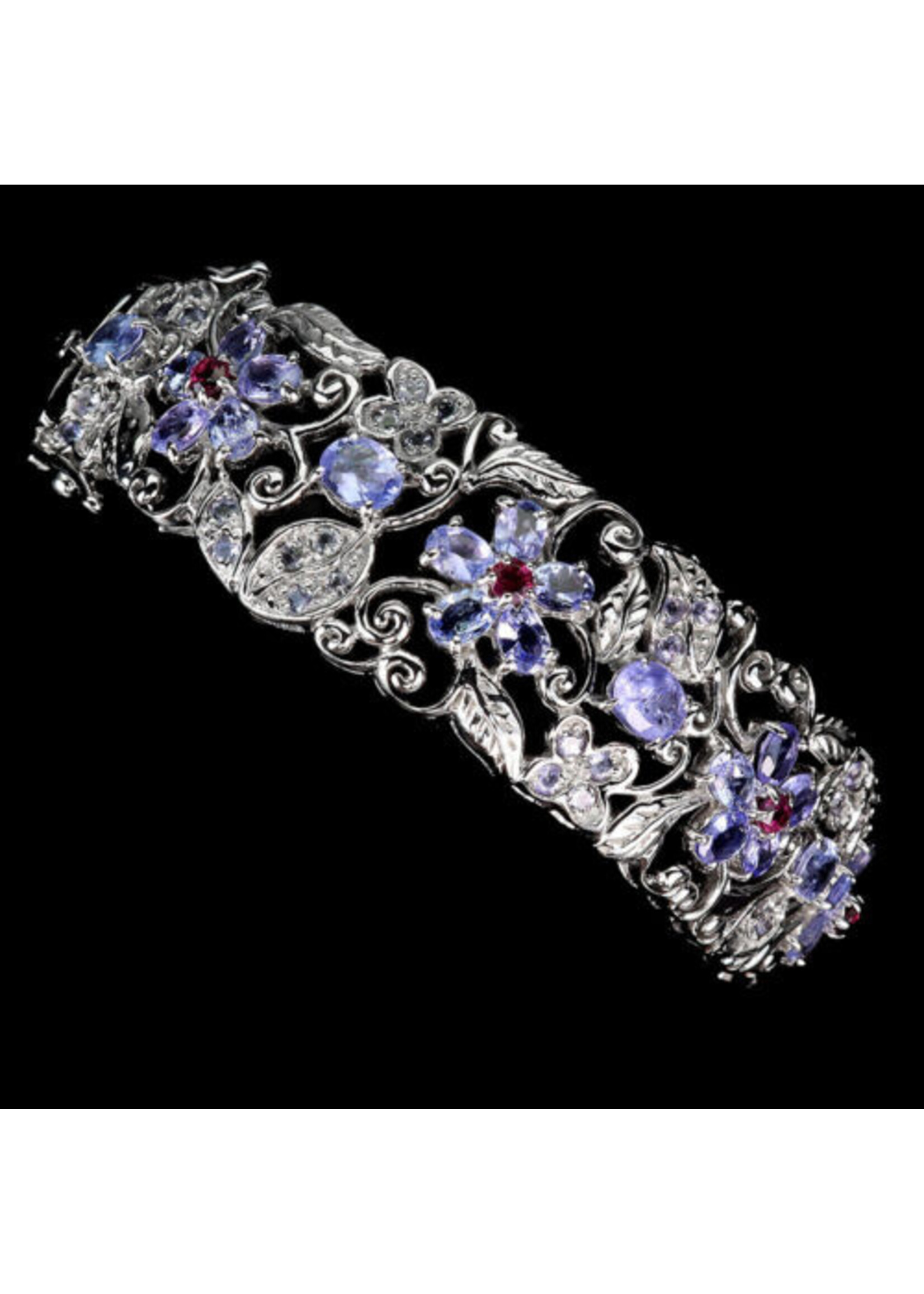 Bracciale in argento rodiato 925 con tanzaniti e rodoliti naturali