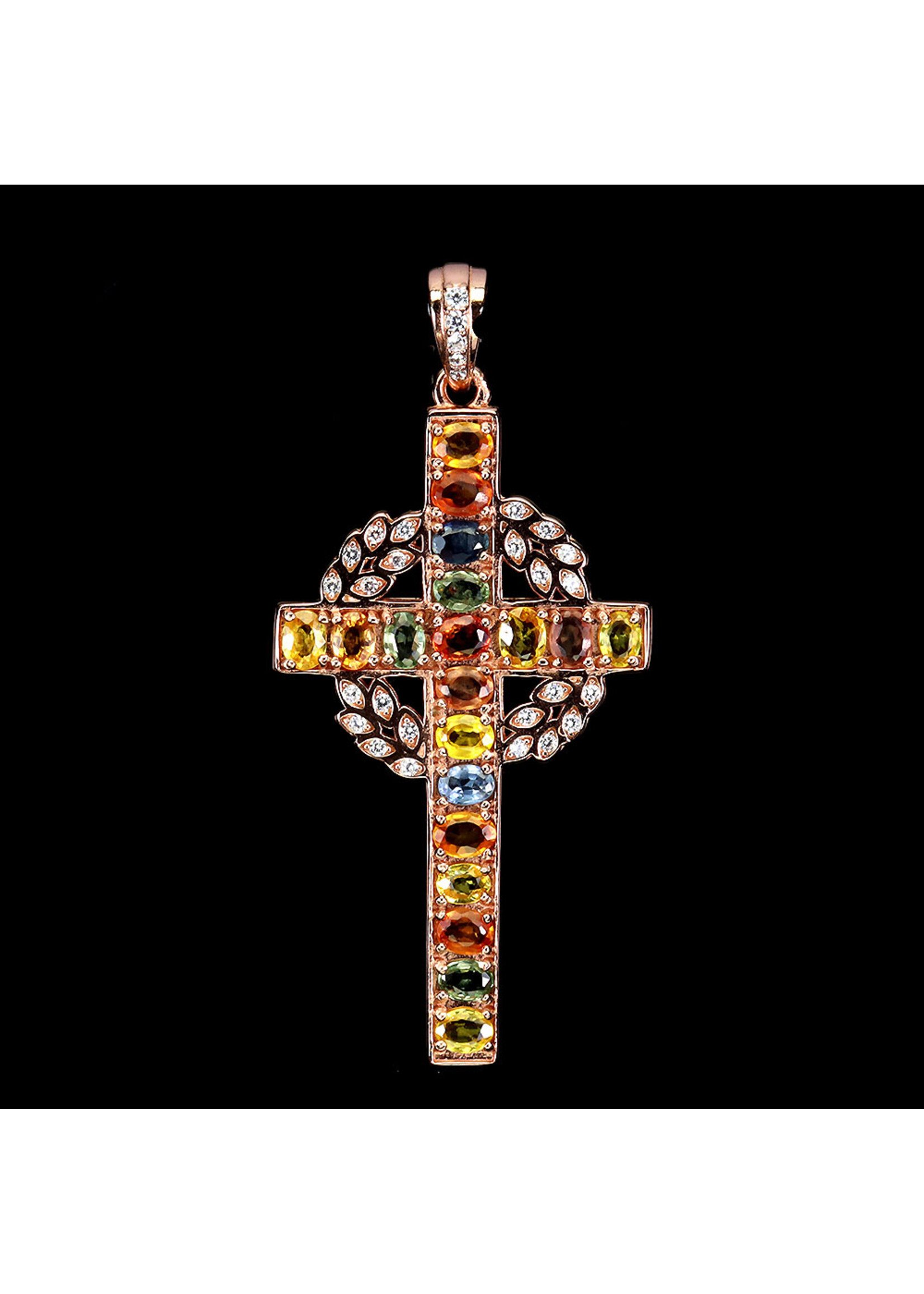 925 rhodium plated silver pendant set with natural multi-colored sapphires