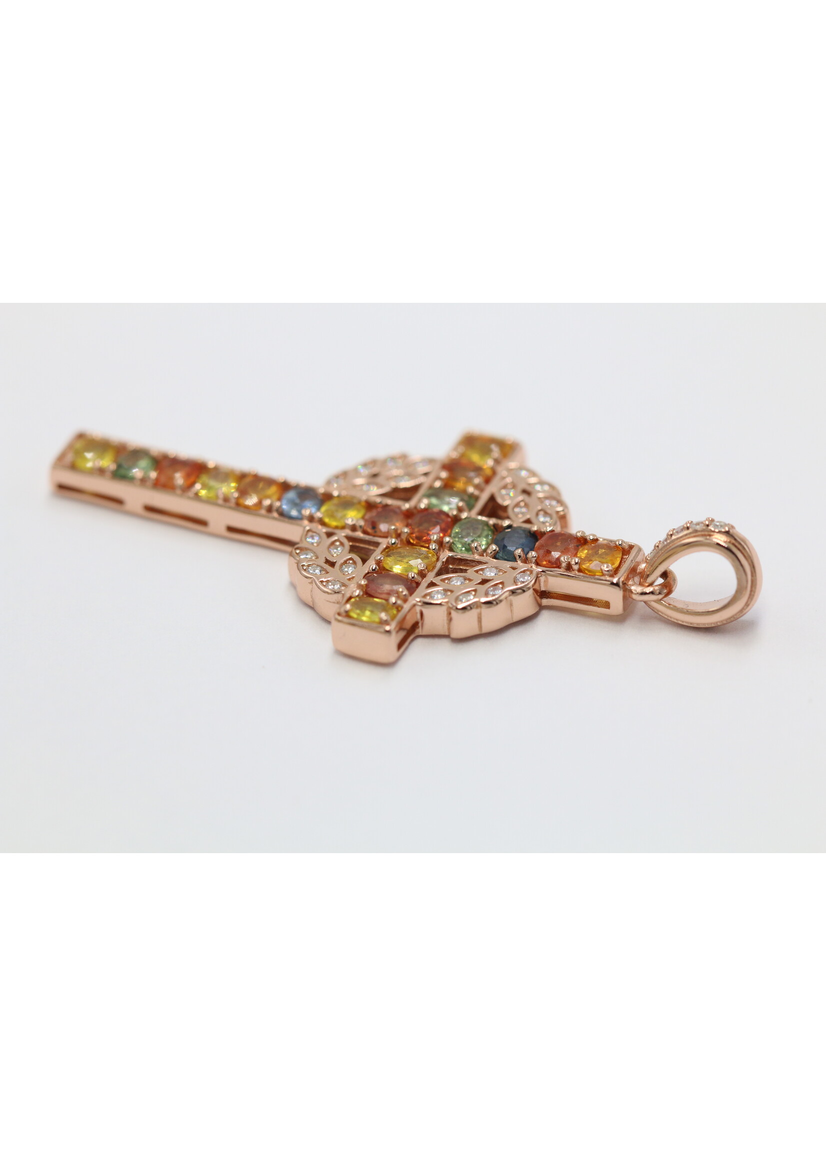 925 rhodium plated silver pendant set with natural multi-colored sapphires