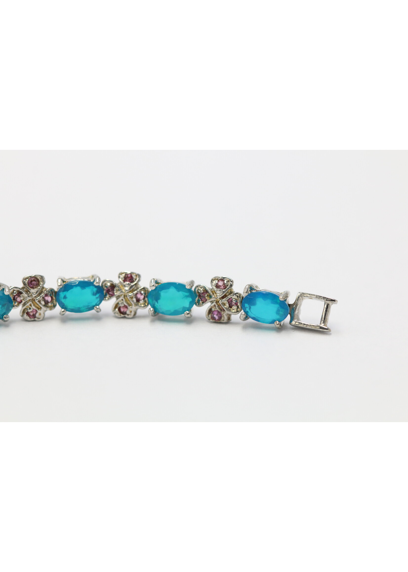 925 rhodium plated silver bracelet set with natural Blue Opal and Rhodolite