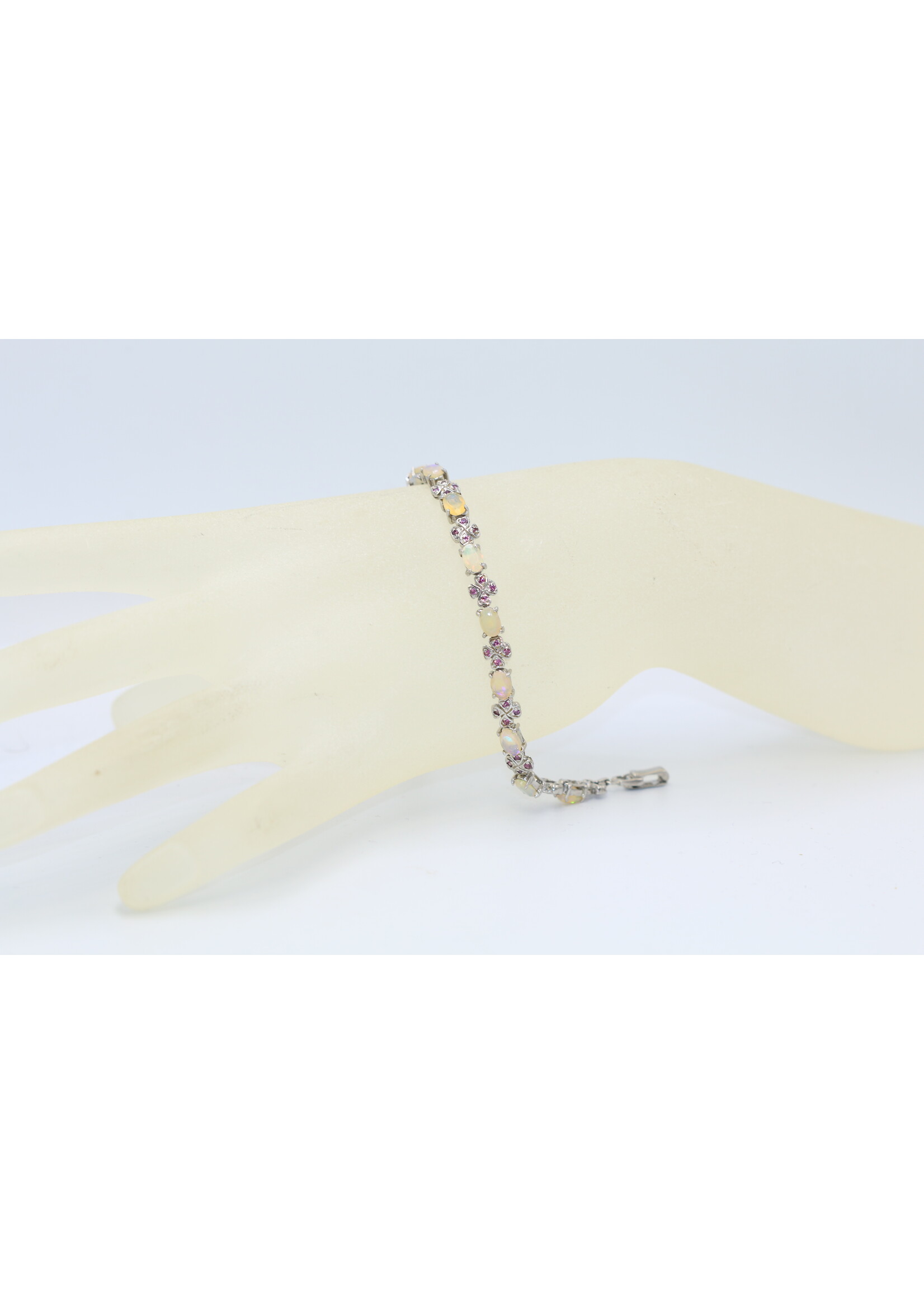 925 gerhodineerd zilveren Armband bezet met natuurlijke Opaal en Rhodolieten