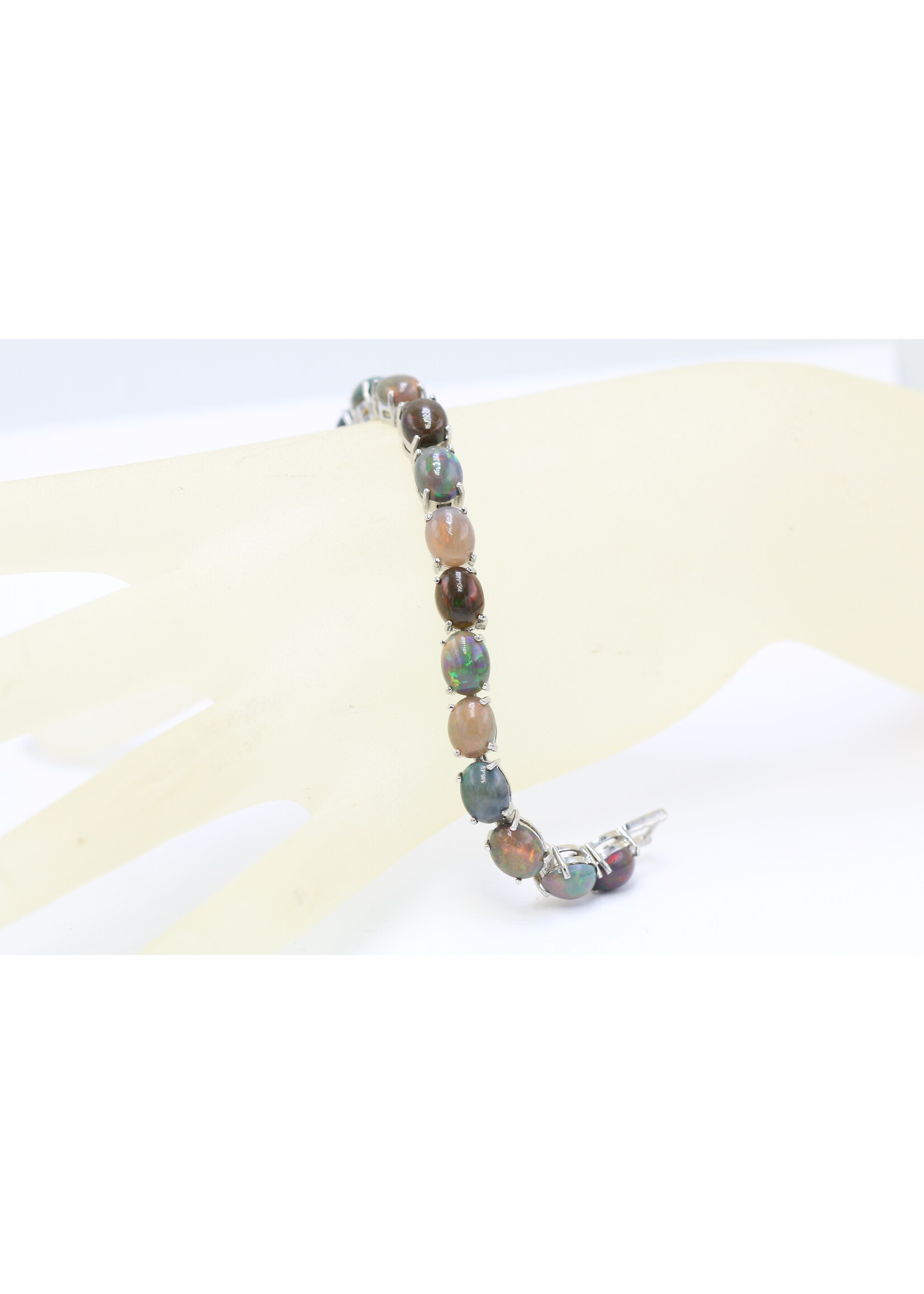 925 rhodium plated silver bracelet set with natural black opals