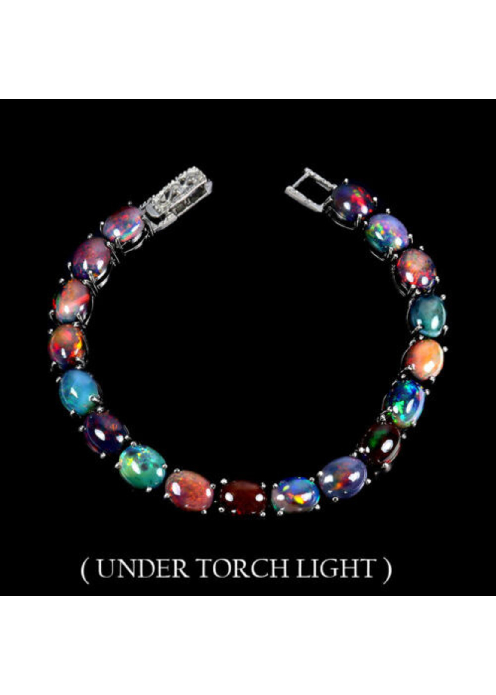925 rhodium plated silver bracelet set with natural black opals