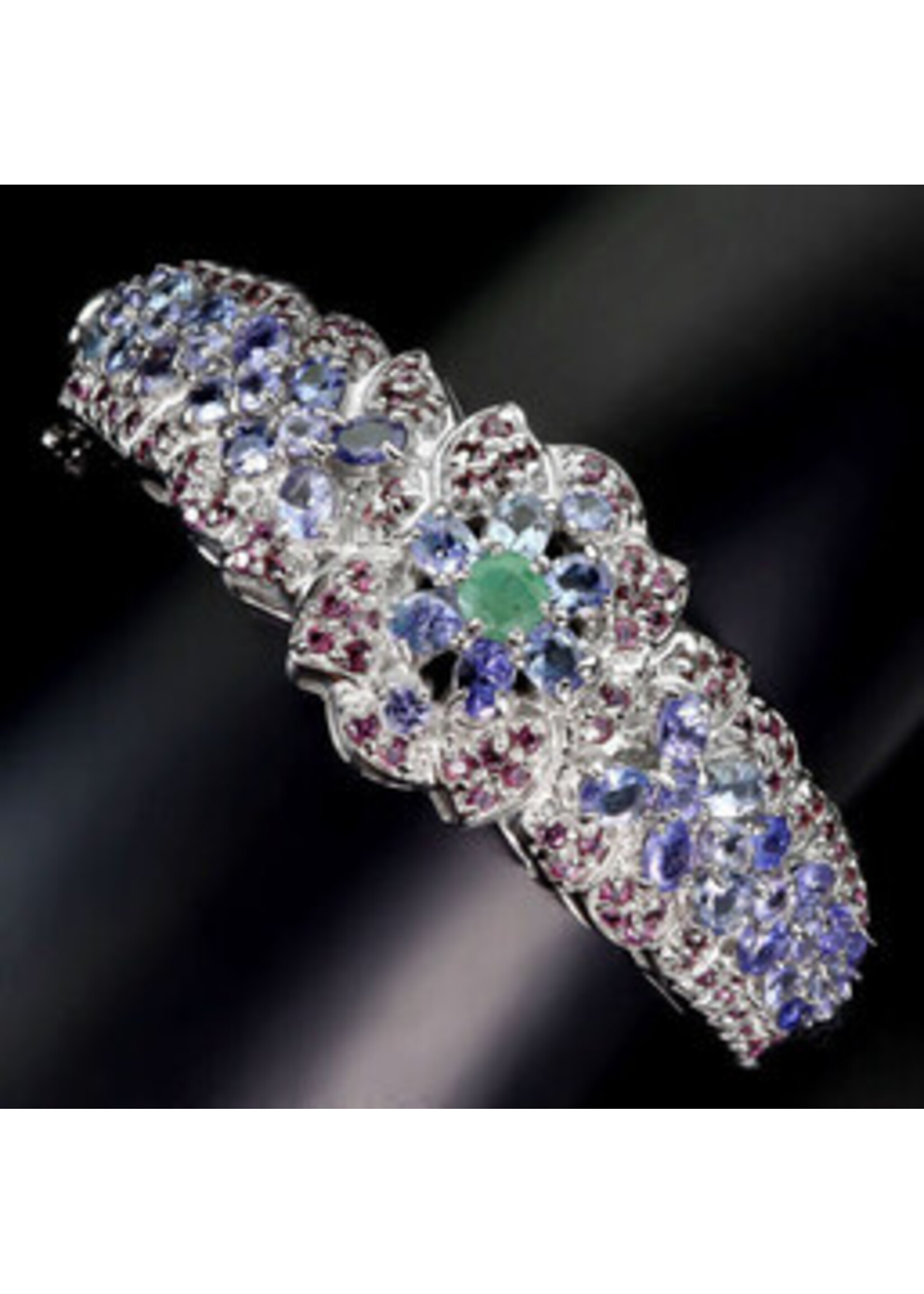 Bracelet en argent 925 rhodié serti d'Émeraude, Rhodolite et Tanzanites naturelles