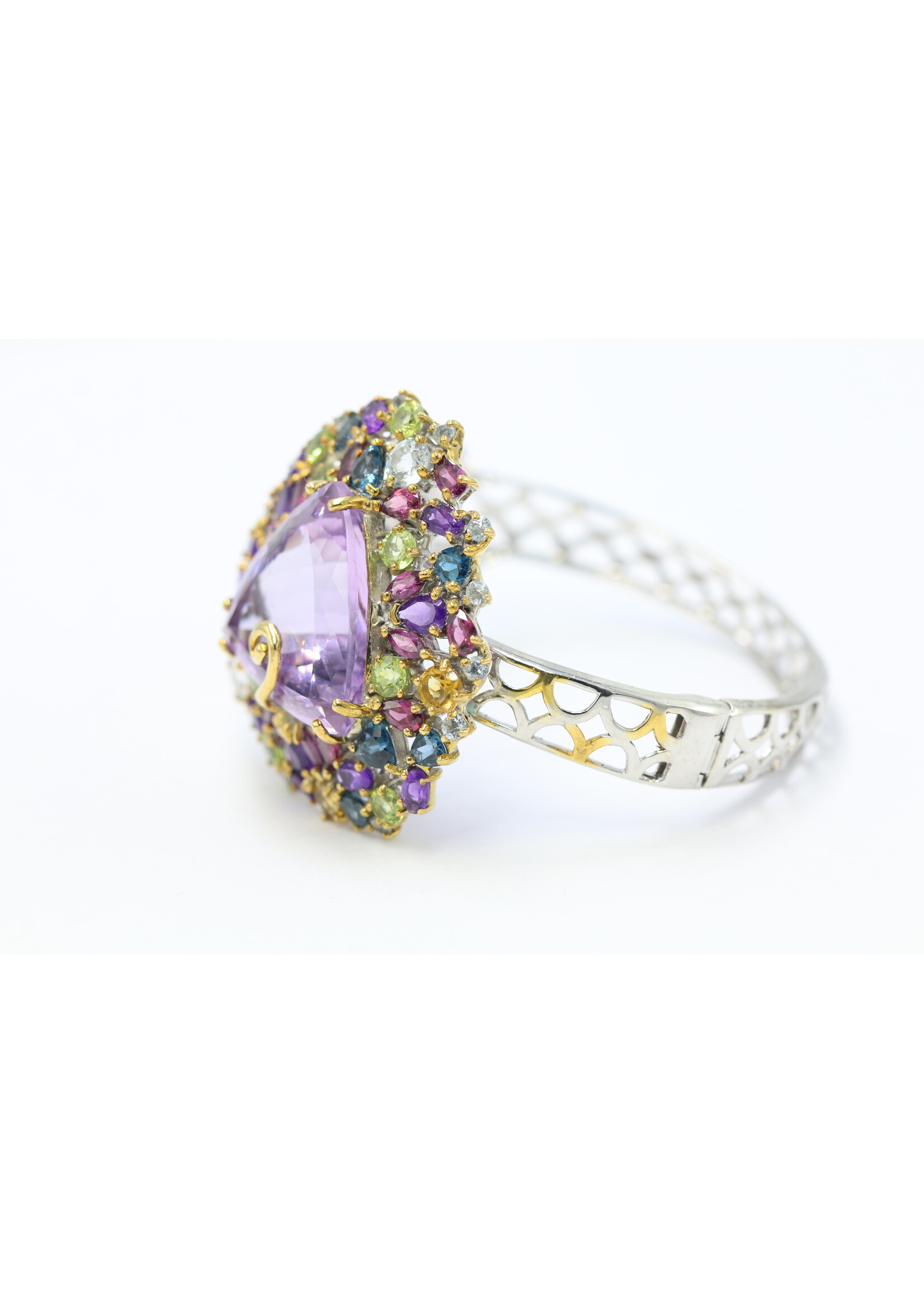 925 rhodium plated silver bracelet set with natural amethyst, citrine, peridot, topaz and rhodolite