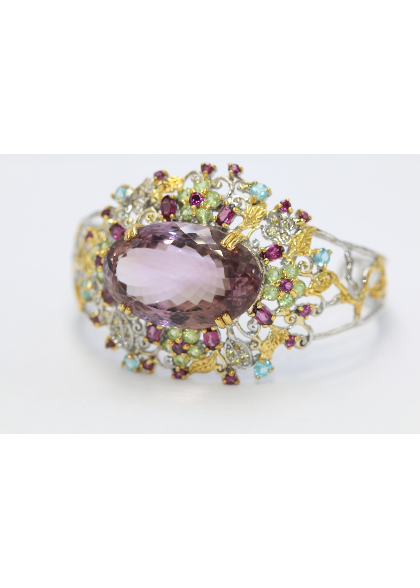Bracelet en argent 925 rhodié serti d'Améthyste naturelle, Péridot, Topaze et Rhodolites
