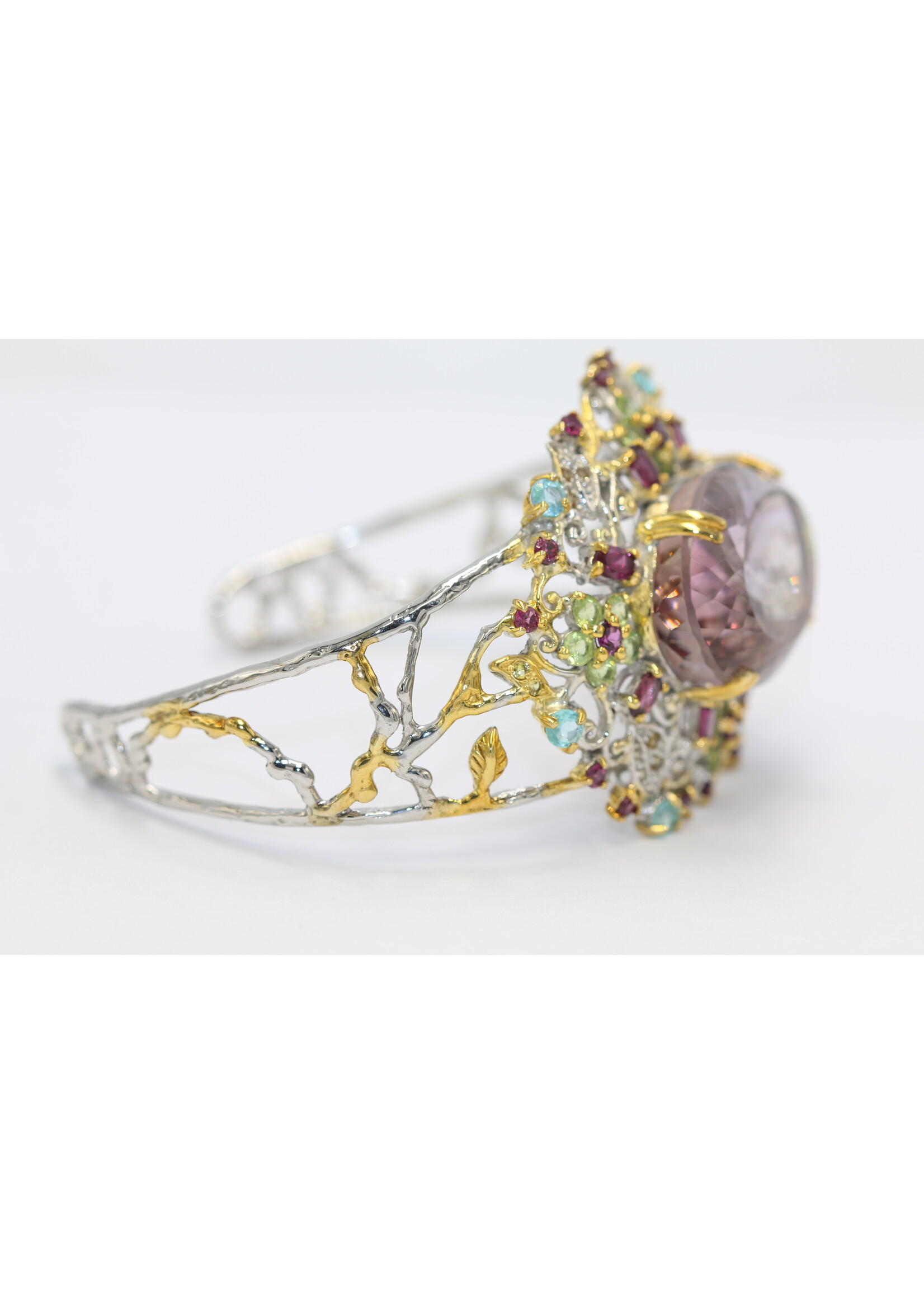 Bracciale in argento rodiato 925 con ametista naturale, peridoto, topazio e rodoliti