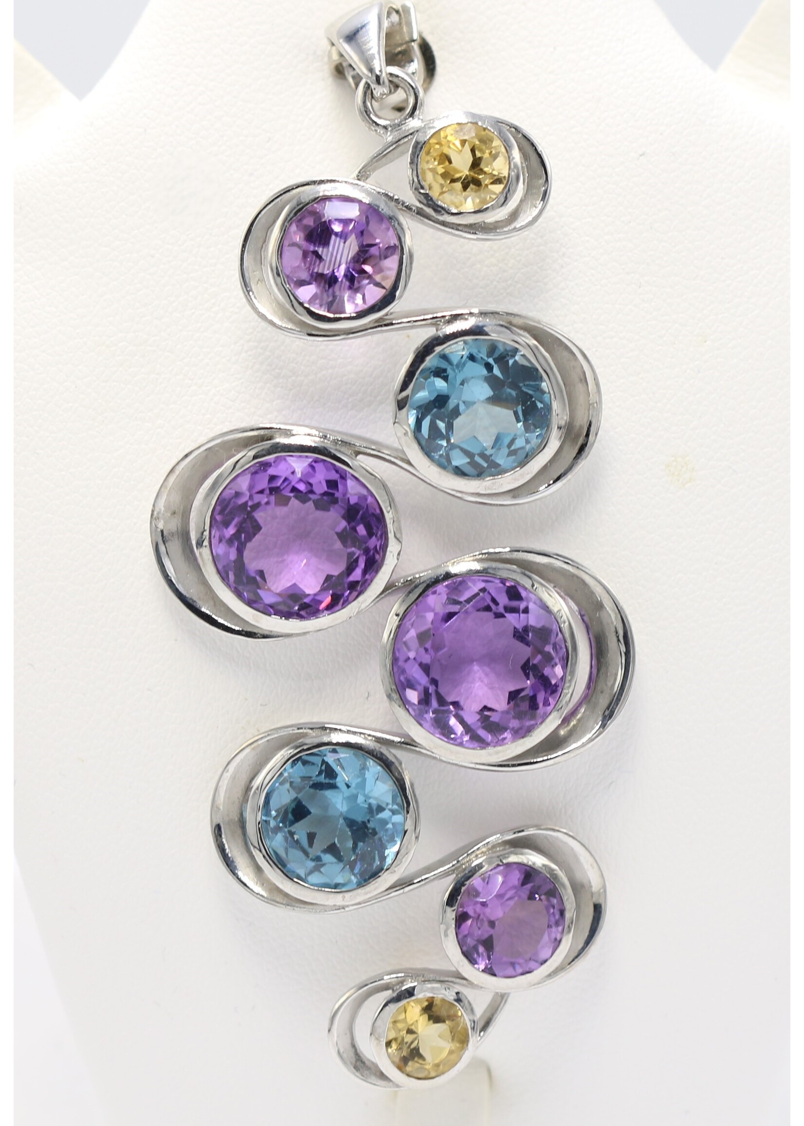 925 rhodium plated silver pendant set with natural Citrine, Topaz and Amethysts