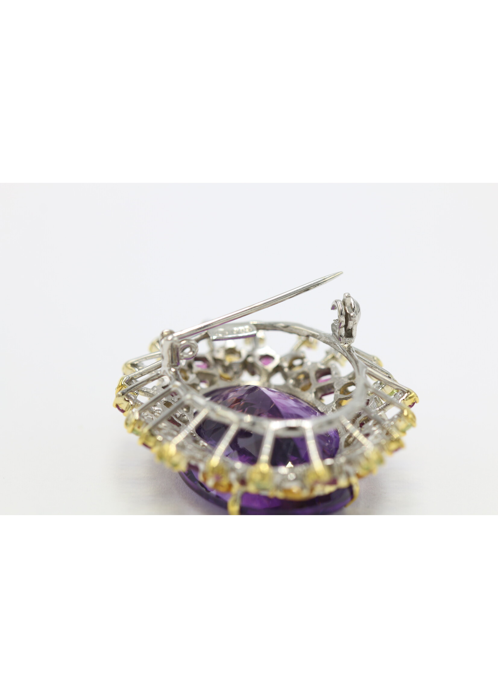 925 rhodium plated silver brooch set with natural amethyst, peridots, rhodolite and citrines