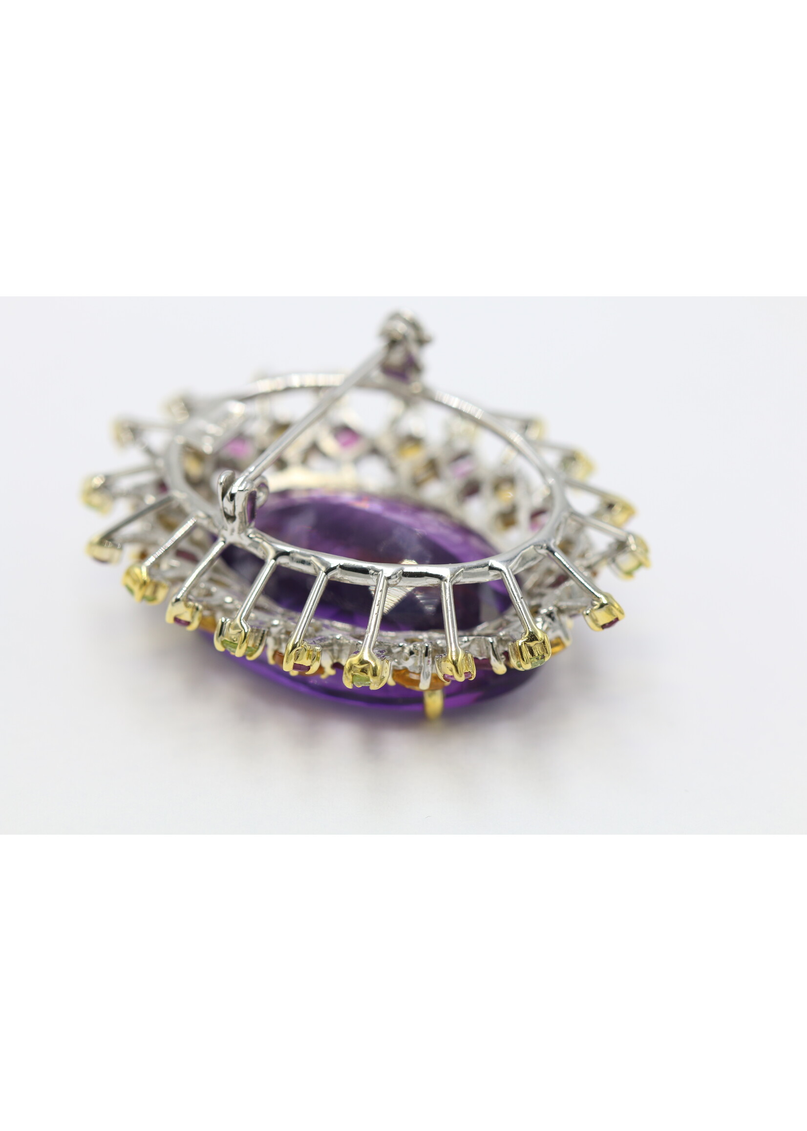 925 rhodium plated silver brooch set with natural amethyst, peridots, rhodolite and citrines