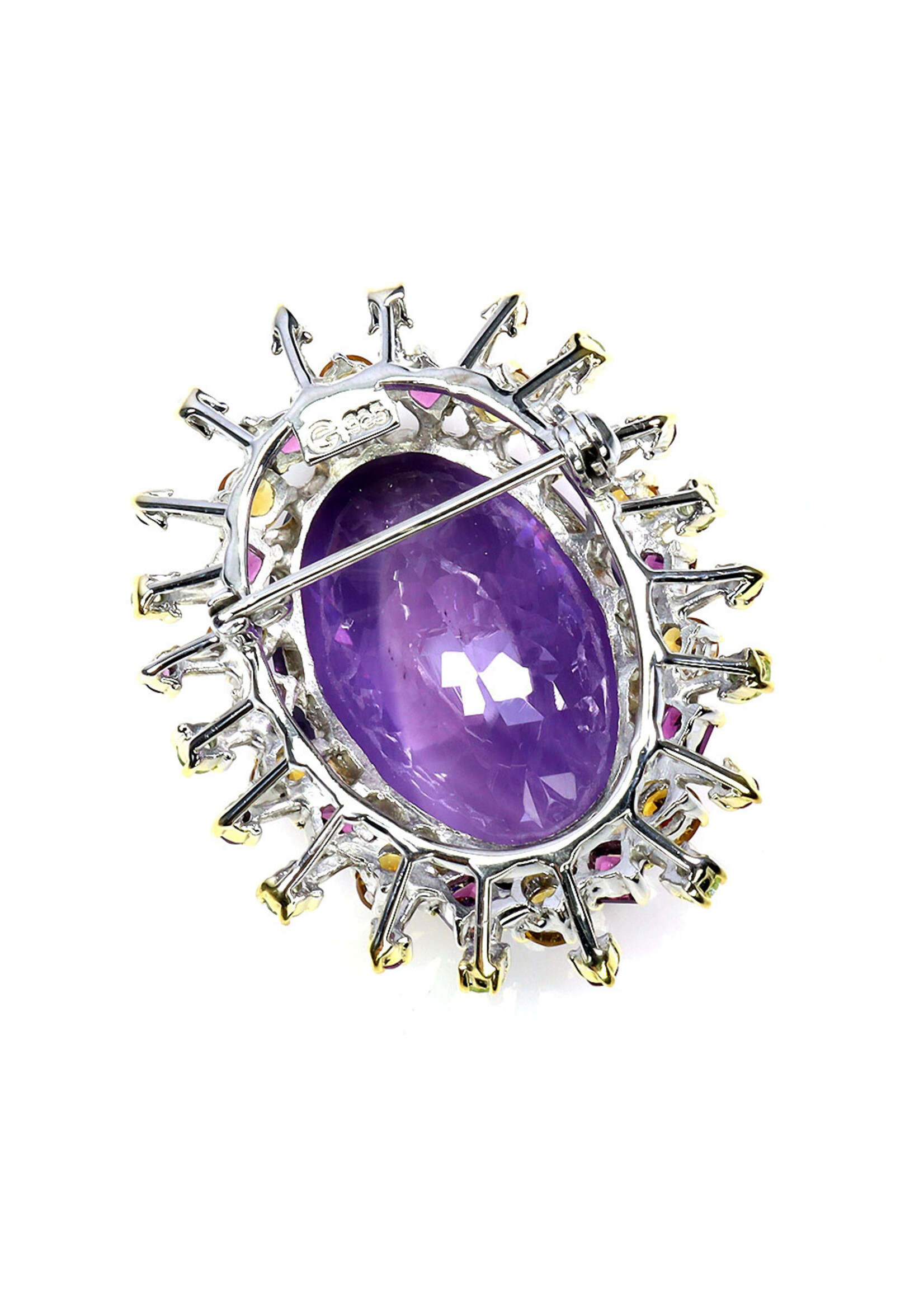 925 rhodium plated silver brooch set with natural amethyst, peridots, rhodolite and citrines