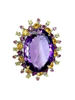 Brooch with Amethyst, Peridots, Rhodolite and Citrine