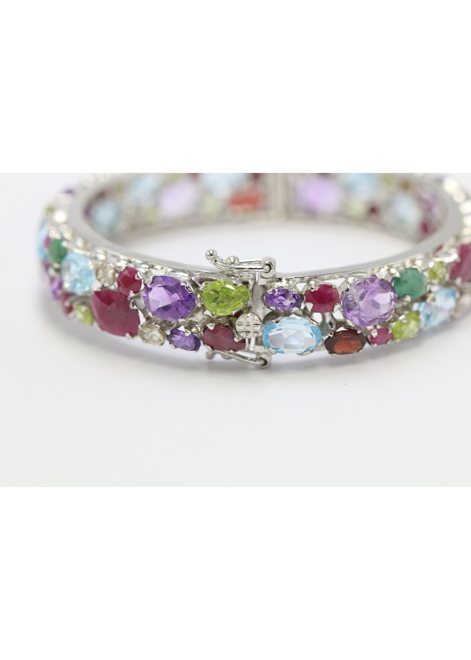 925 rhodium plated silver bracelet set with natural ruby, topaz, emerald, olivine, garnet, citrine and amethysts