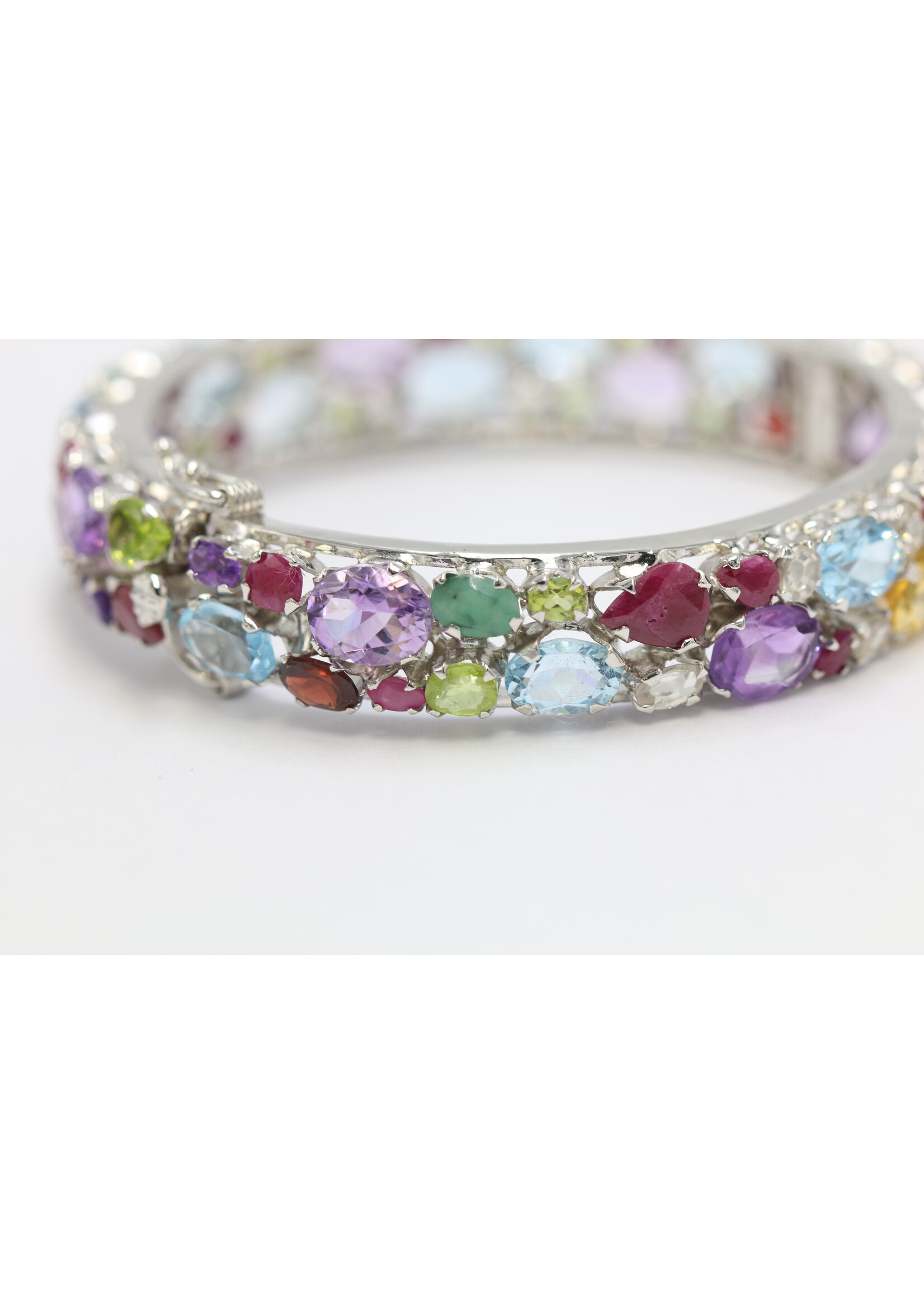 925 rhodium plated silver bracelet set with natural ruby, topaz, emerald, olivine, garnet, citrine and amethysts