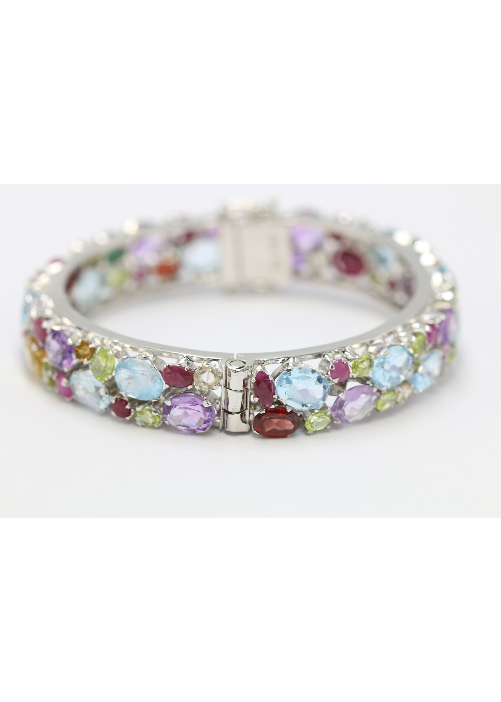 925 rhodium plated silver bracelet set with natural ruby, topaz, emerald, olivine, garnet, citrine and amethysts