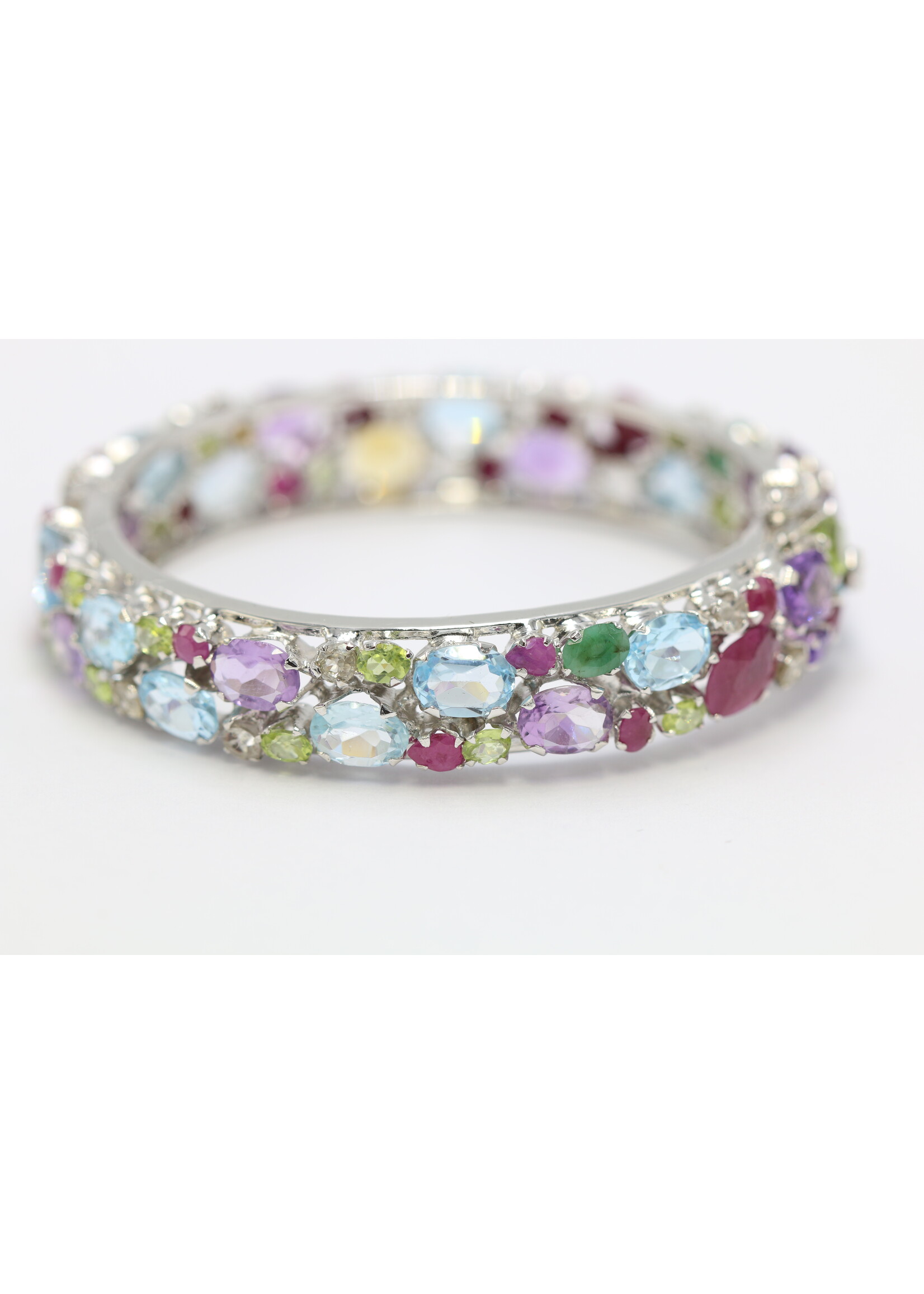 925 rhodium plated silver bracelet set with natural ruby, topaz, emerald, olivine, garnet, citrine and amethysts