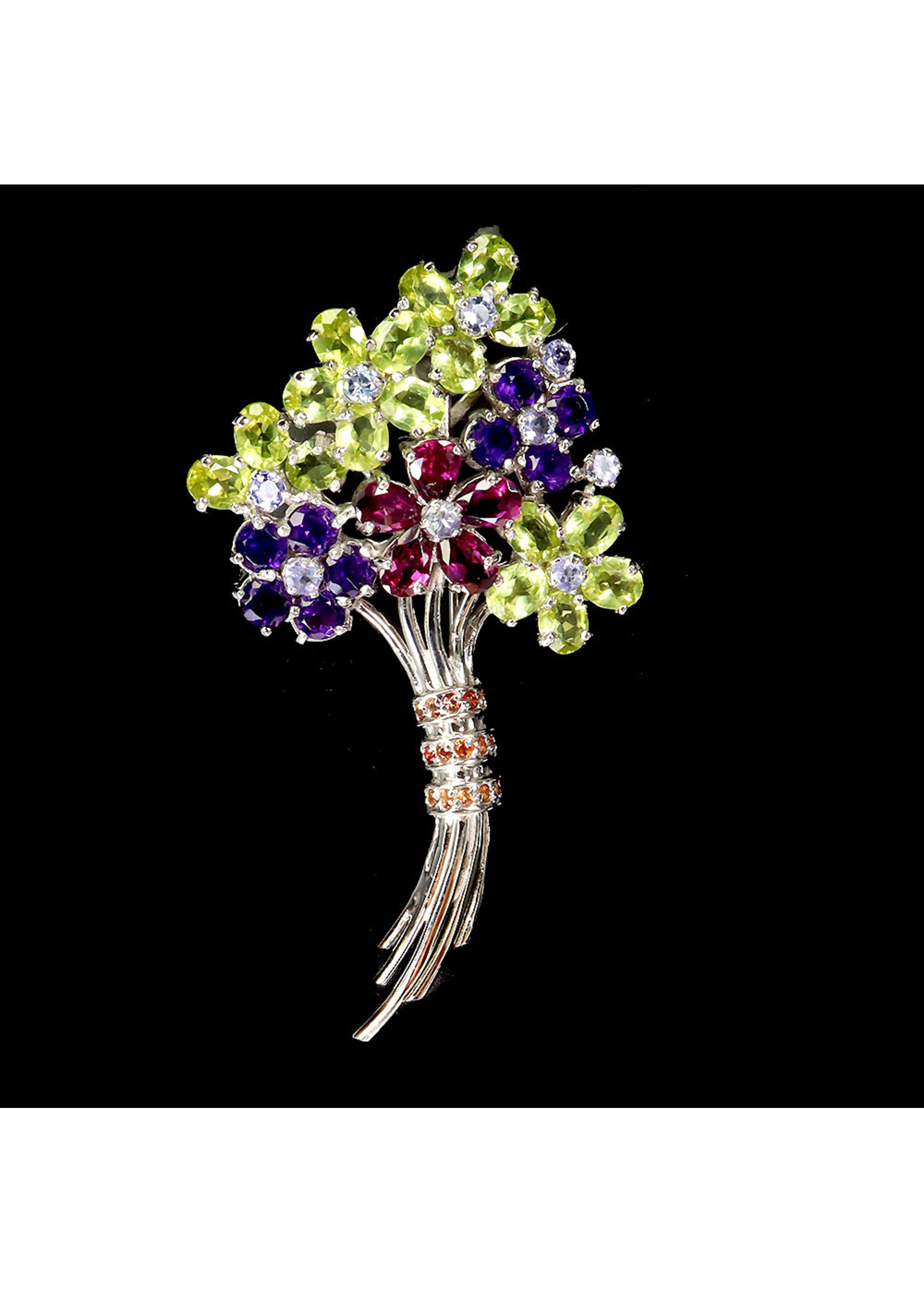 925 rhodium plated silver brooch set with natural amethyst, peridots, rhodolite, sapphires and tanzanites
