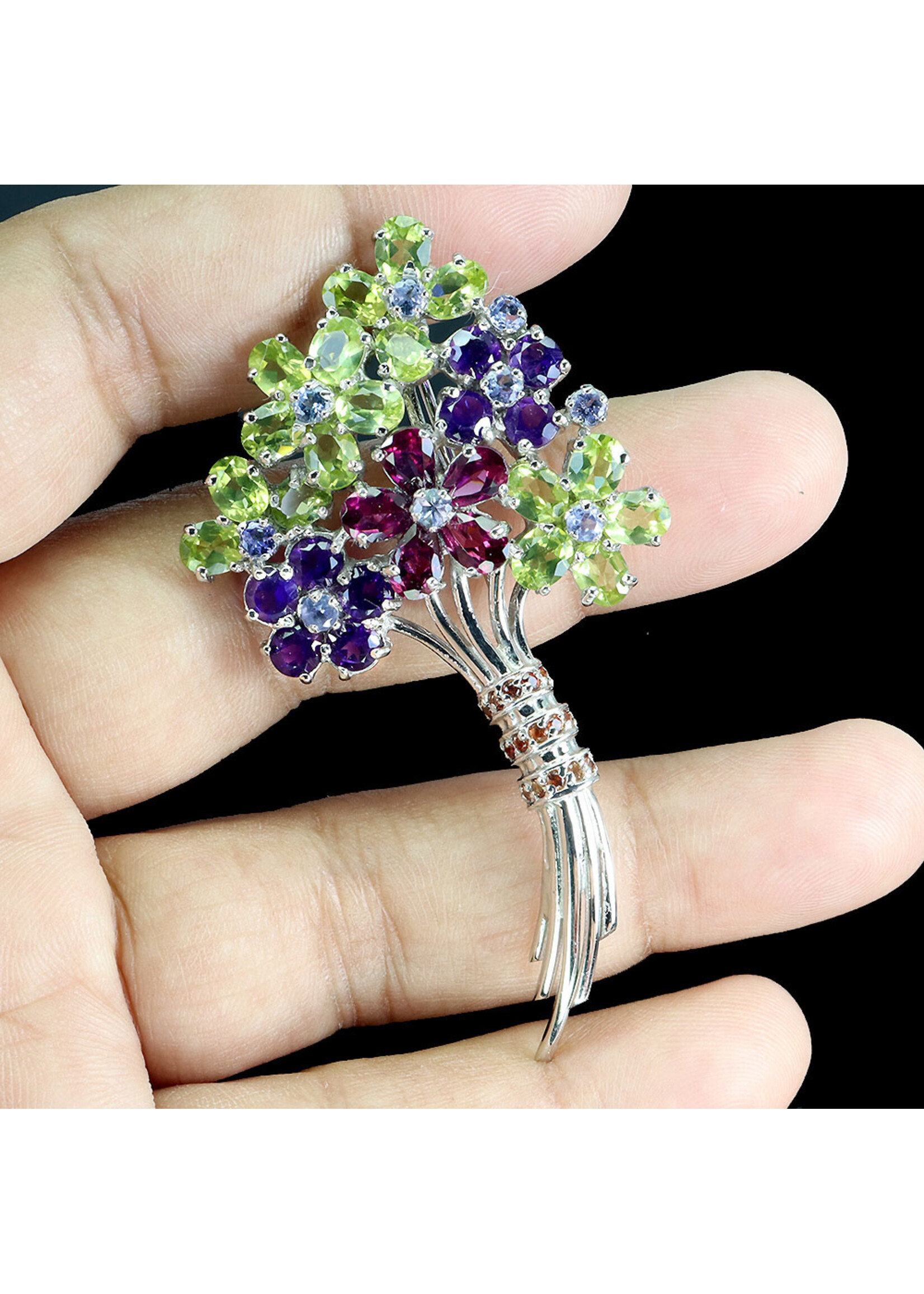 Spilla in argento rodiato 925 con ametista naturale, peridoto, rodolite, zaffiri e tanzaniti