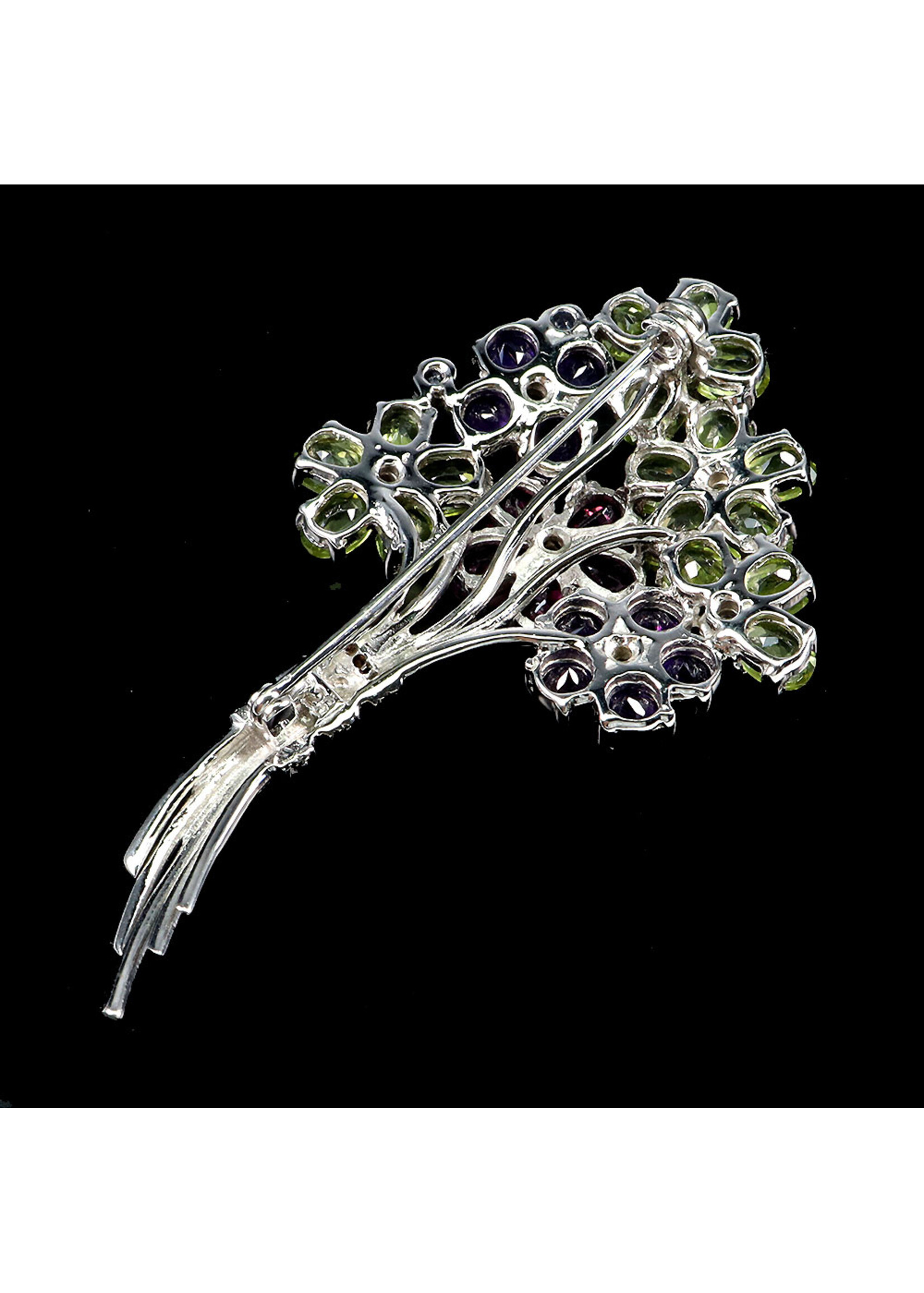 Spilla in argento rodiato 925 con ametista naturale, peridoto, rodolite, zaffiri e tanzaniti