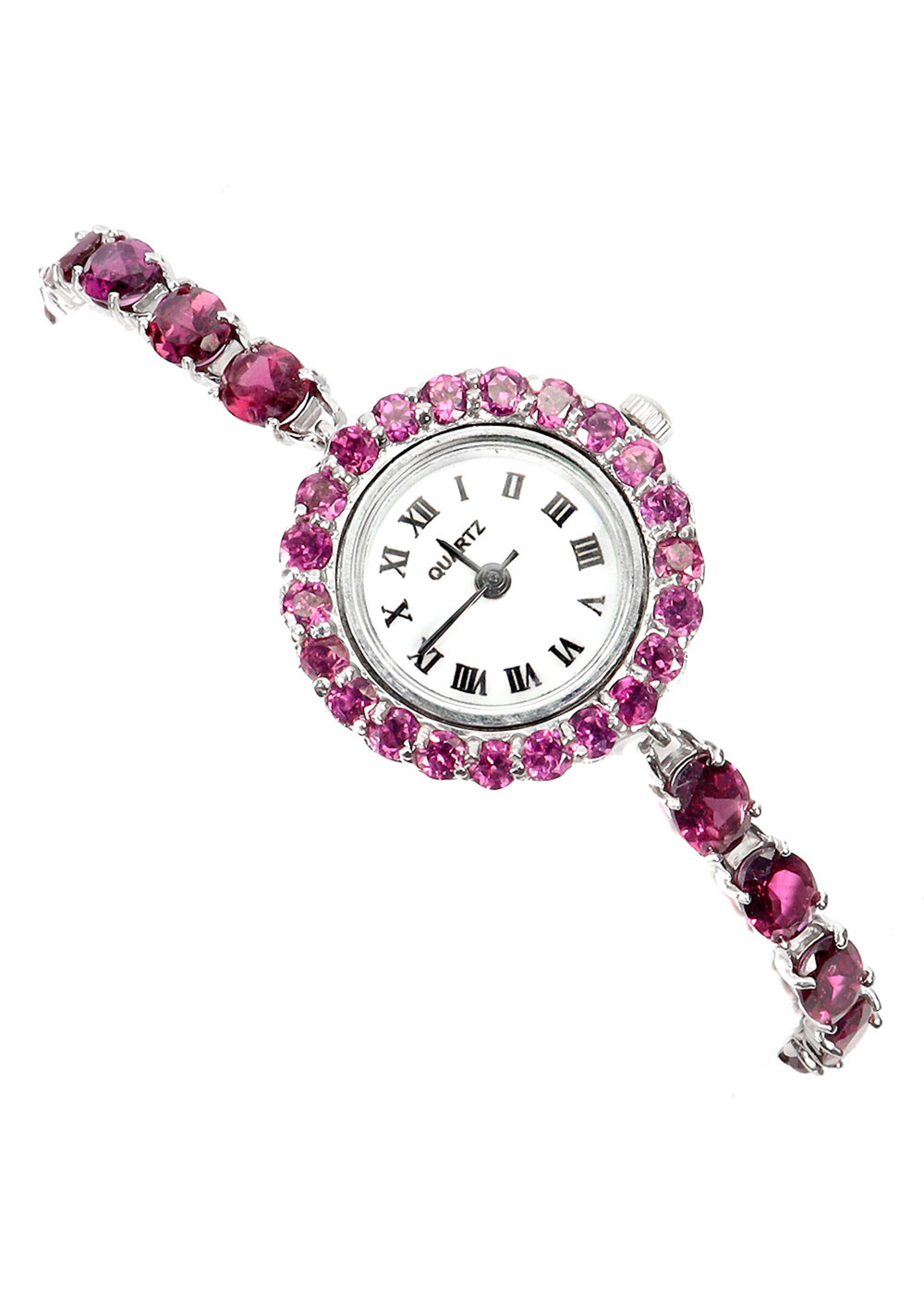 925 rhodium plated silver watch set with natural rhodolites