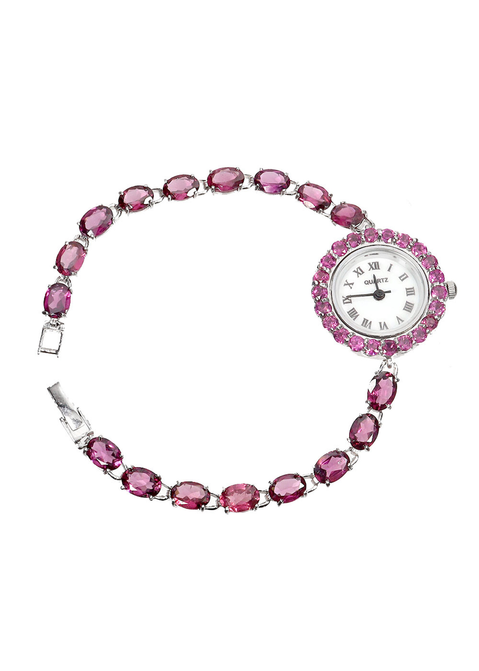 925 rhodium plated silver watch set with natural rhodolites