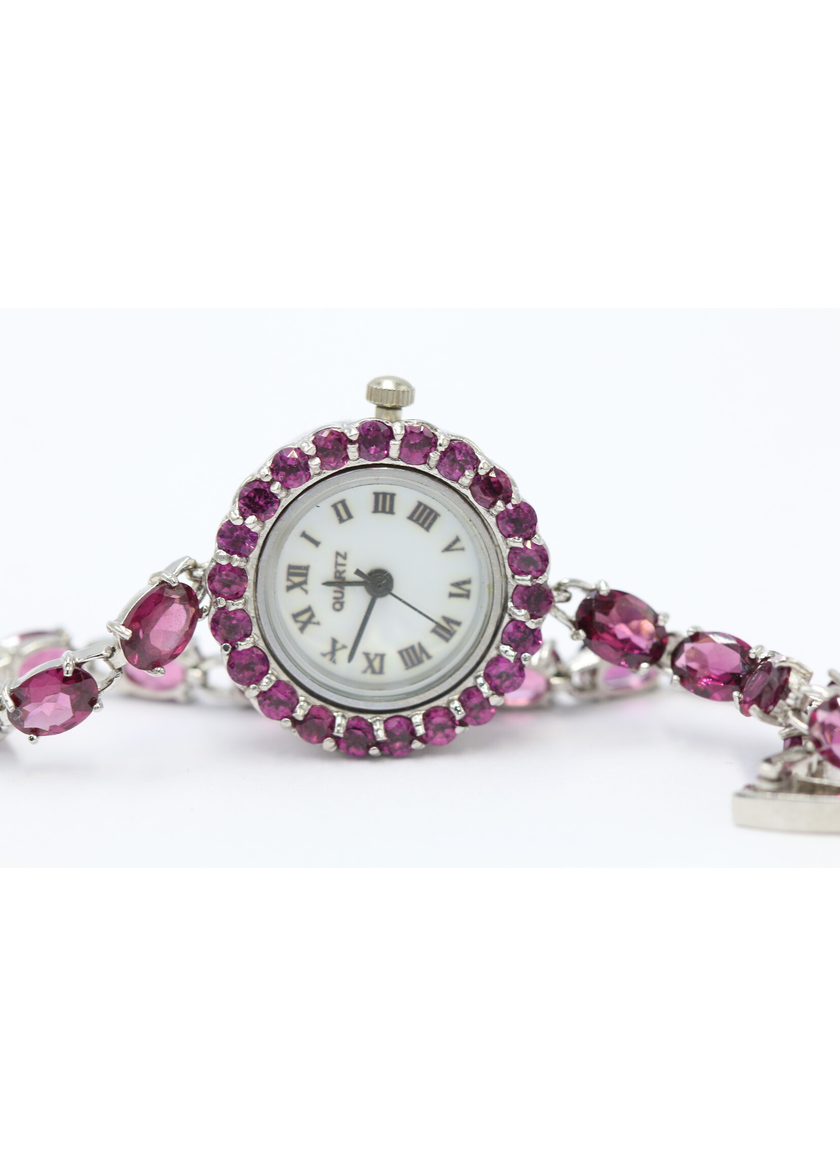 925 rhodium plated silver watch set with natural rhodolites