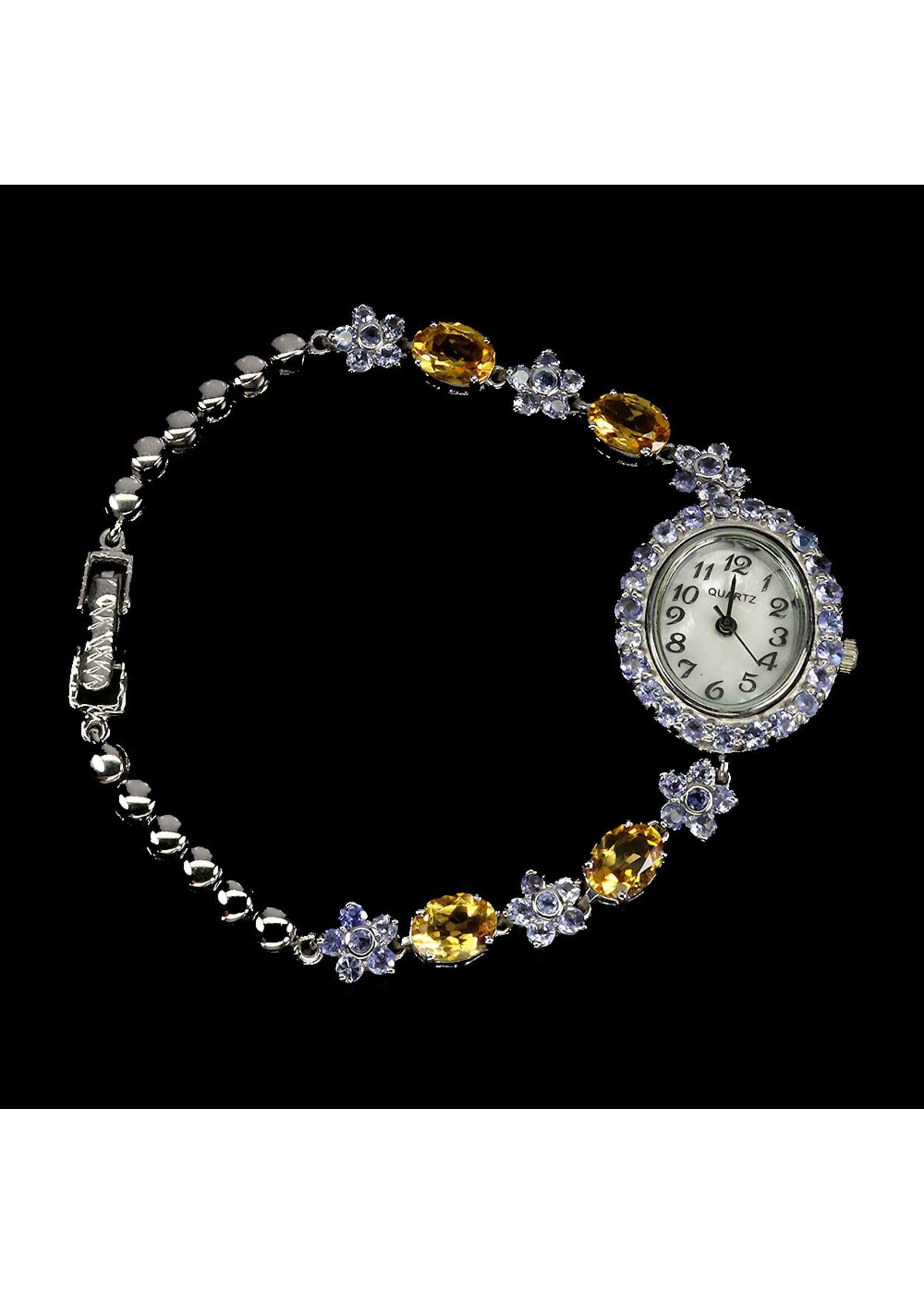 925 gerhodineerd zilveren horloge bezet met natuurlijke Citrien en Tanzanieten- Copy