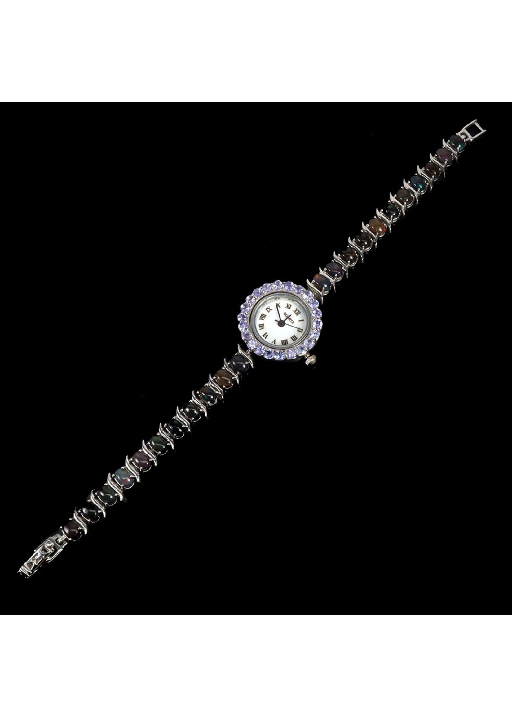 Montre en argent 925 rhodié sertie d'opale naturelle et de tanzanites