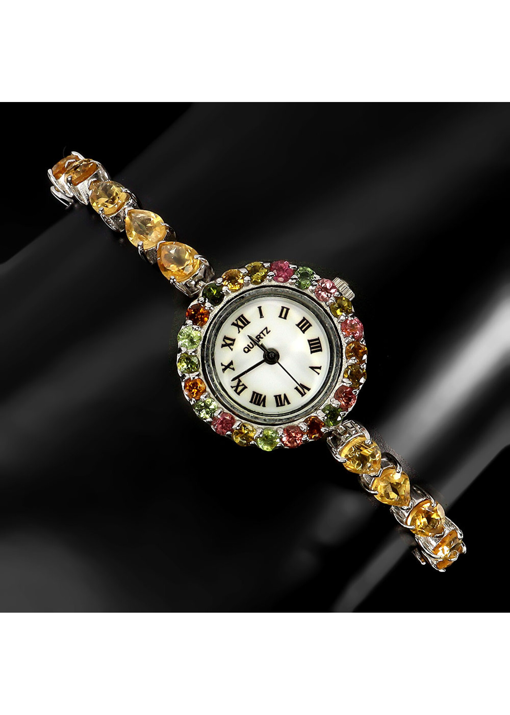 925 gerhodineerd zilveren horloge bezet met natuurlijke Citrien en Toermalijnen