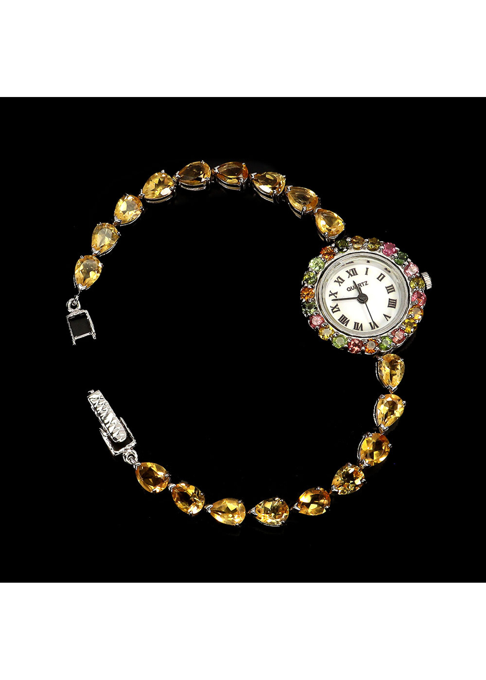 925 rhodium plated silver watch set with natural Citrine and Tourmalines