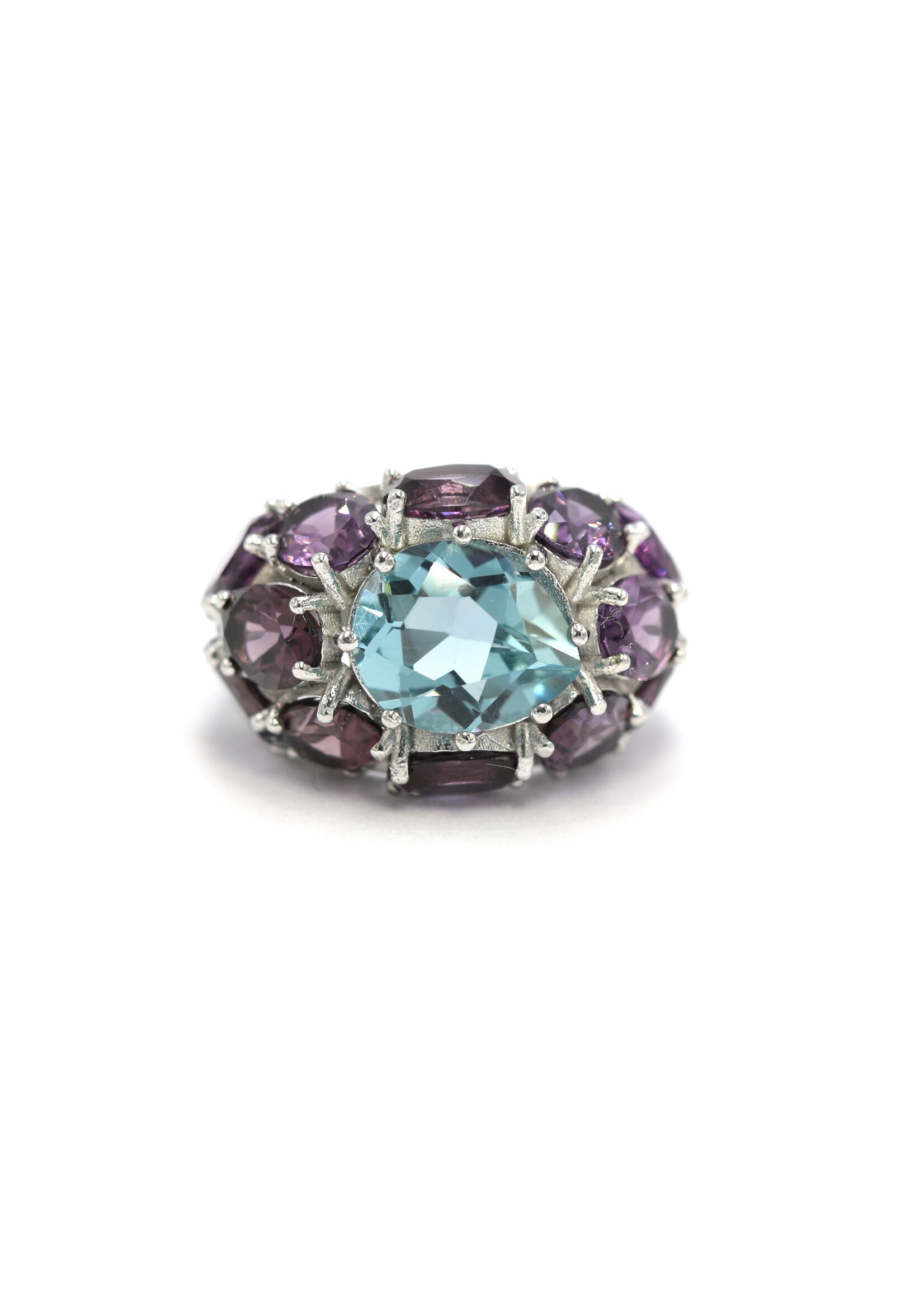 925 rhodium plated silver ring set with natural Blue Topaz and Amethyst