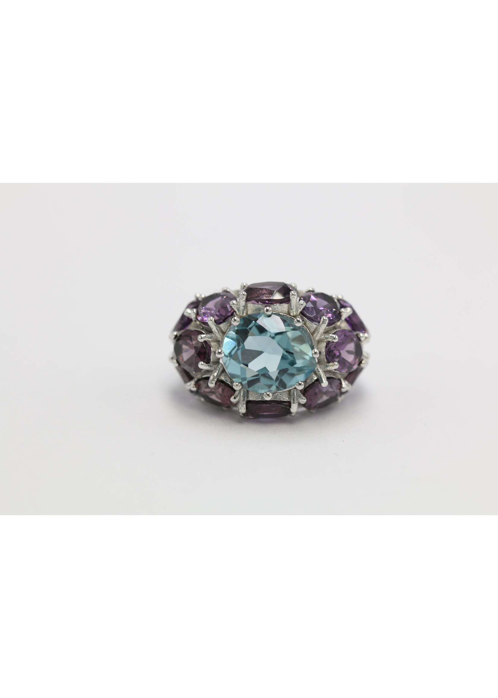925 rhodium plated silver ring set with natural Blue Topaz and Amethyst