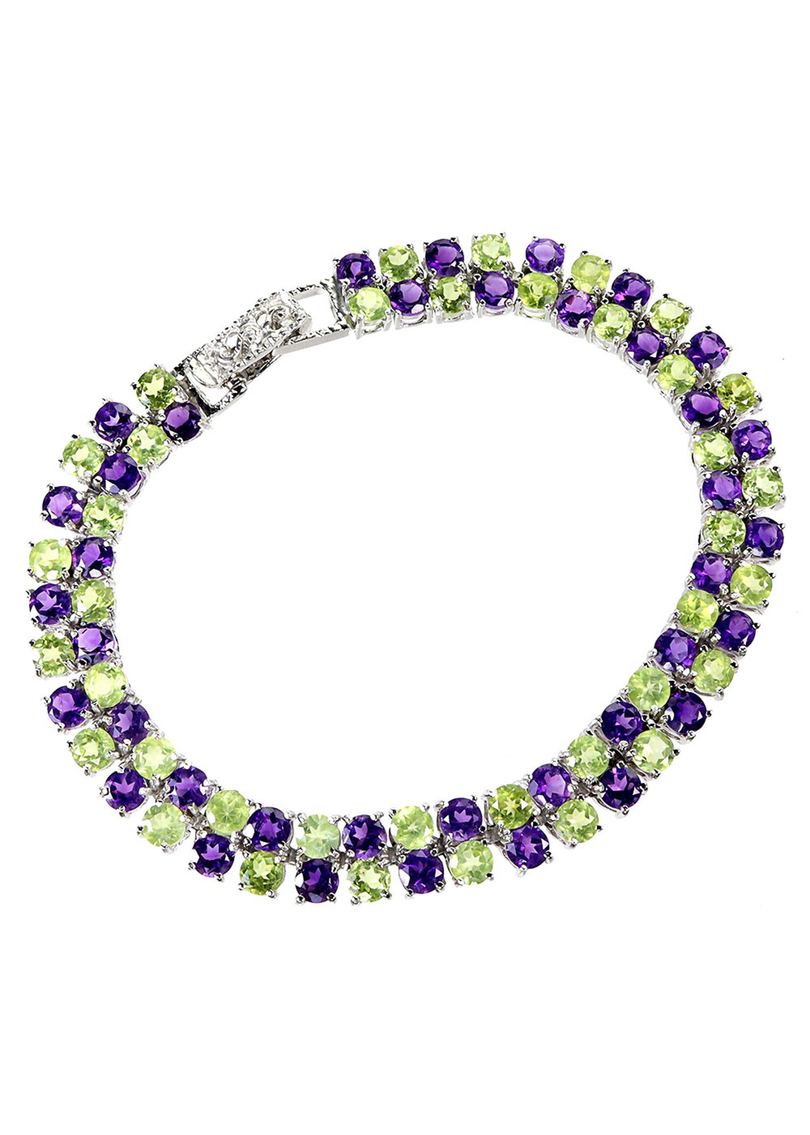 925 gerhodineerd zilveren Armband bezet met natuurlijke Peridoten en Amethisten