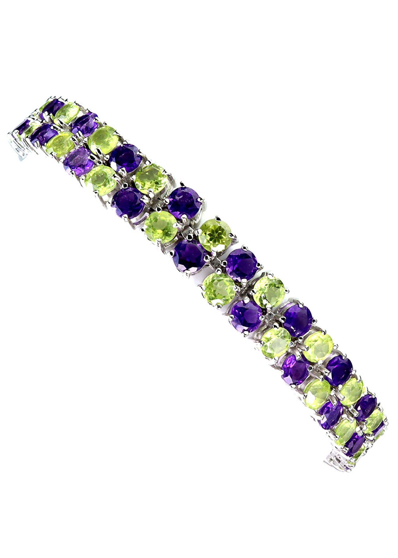925 gerhodineerd zilveren Armband bezet met natuurlijke Peridoten en Amethisten
