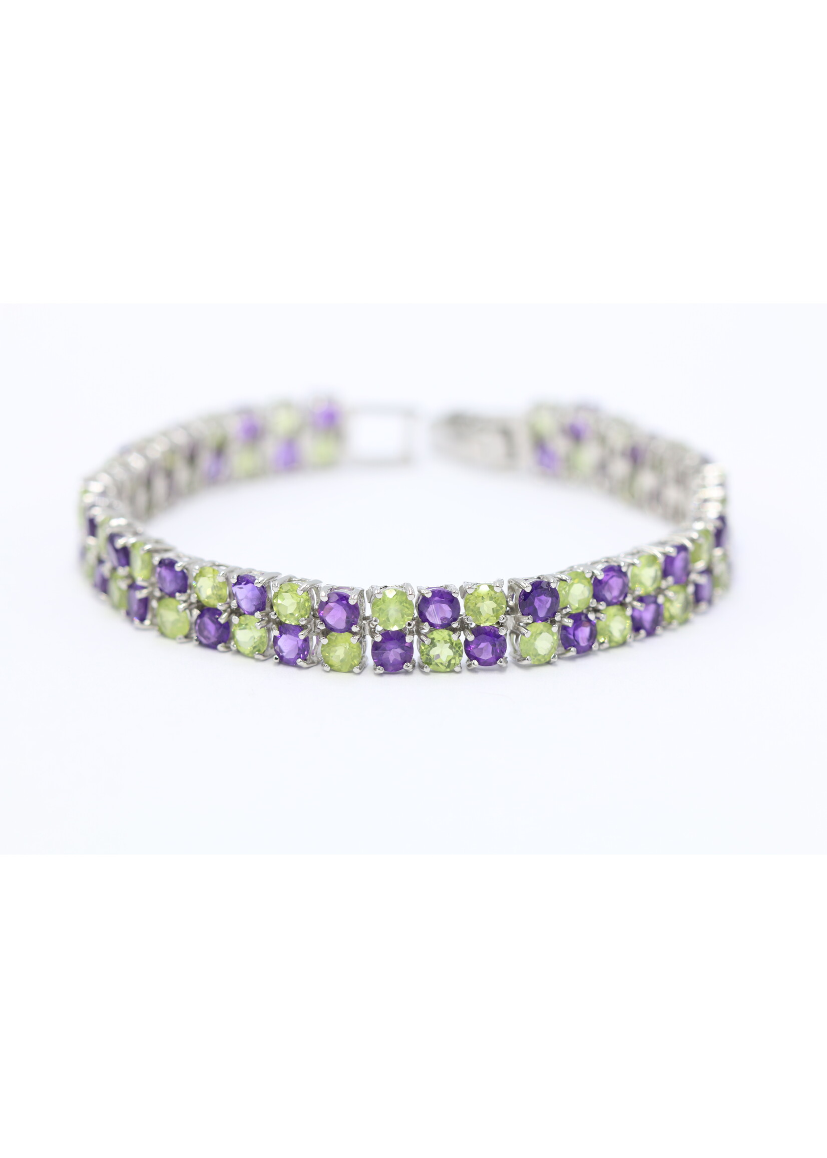 925 rhodium plated silver bracelet set with natural peridots and amethysts