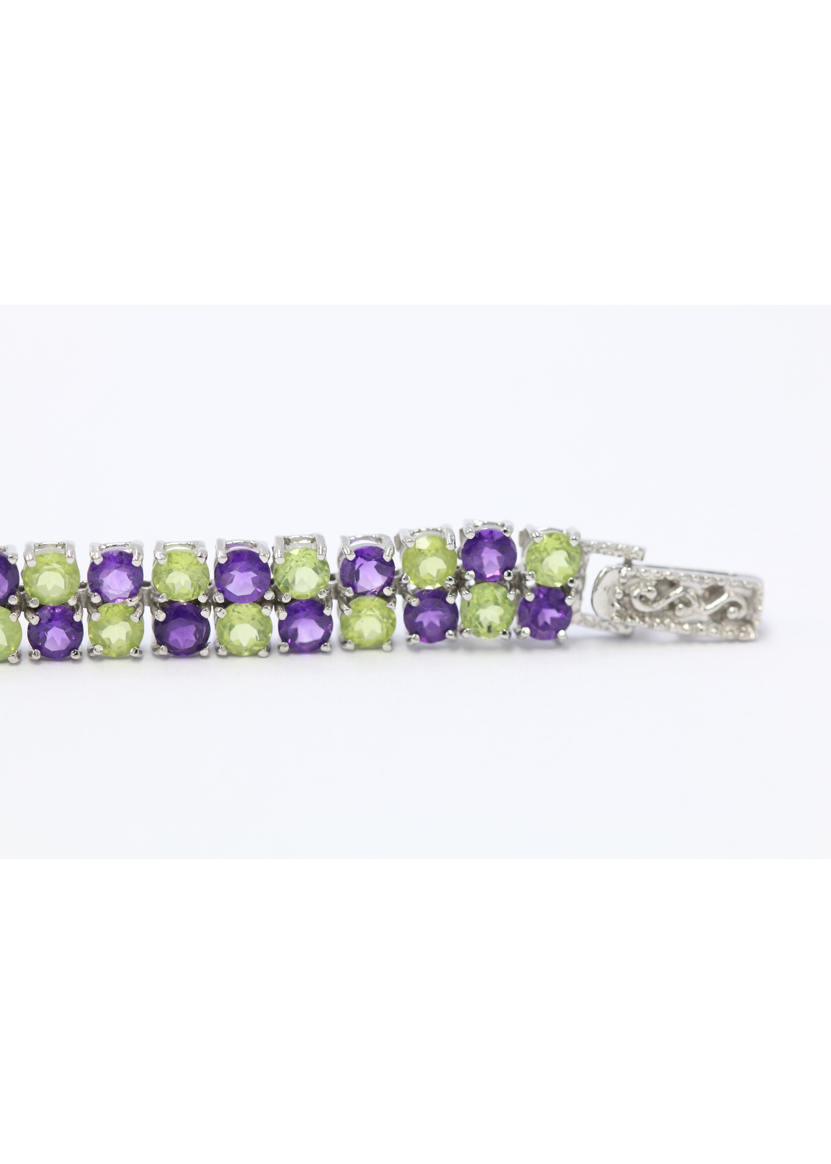 925 gerhodineerd zilveren Armband bezet met natuurlijke Peridoten en Amethisten