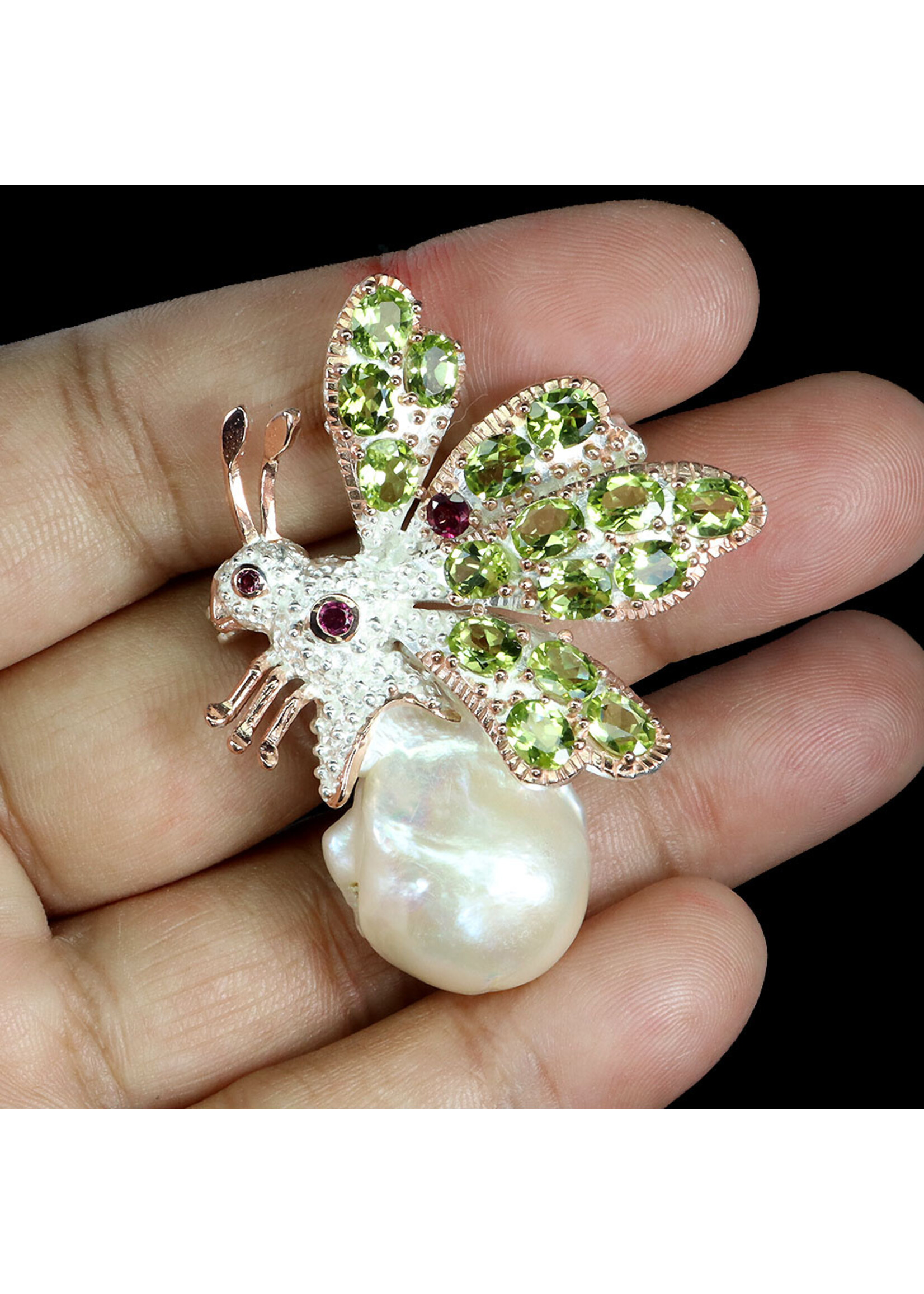 925 gerhodineerd zilveren Brooch bezet met natuurlijke Parel,Peridots en Rhodolieten