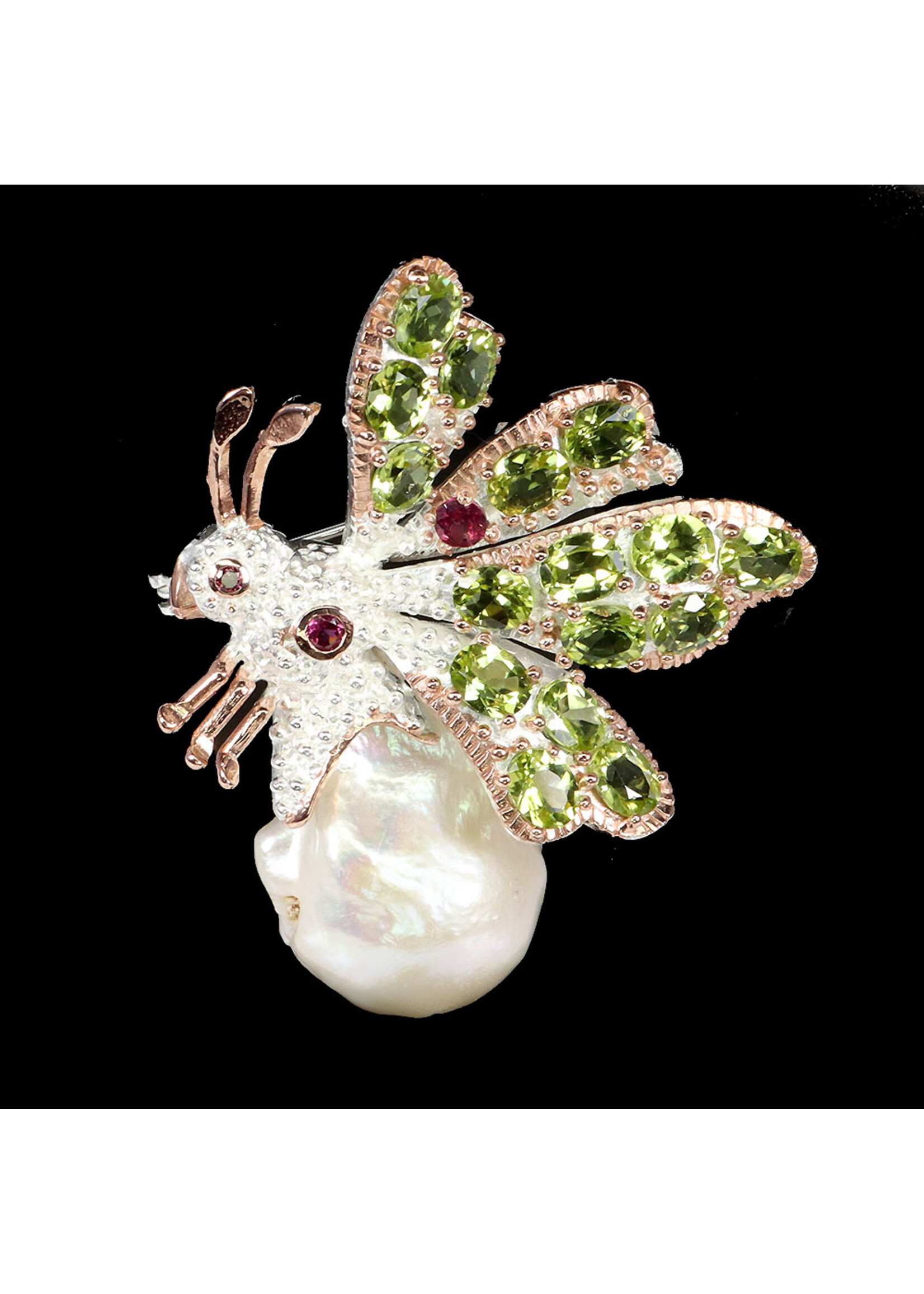 925 gerhodineerd zilveren Brooch bezet met natuurlijke Parel,Peridots en Rhodolieten