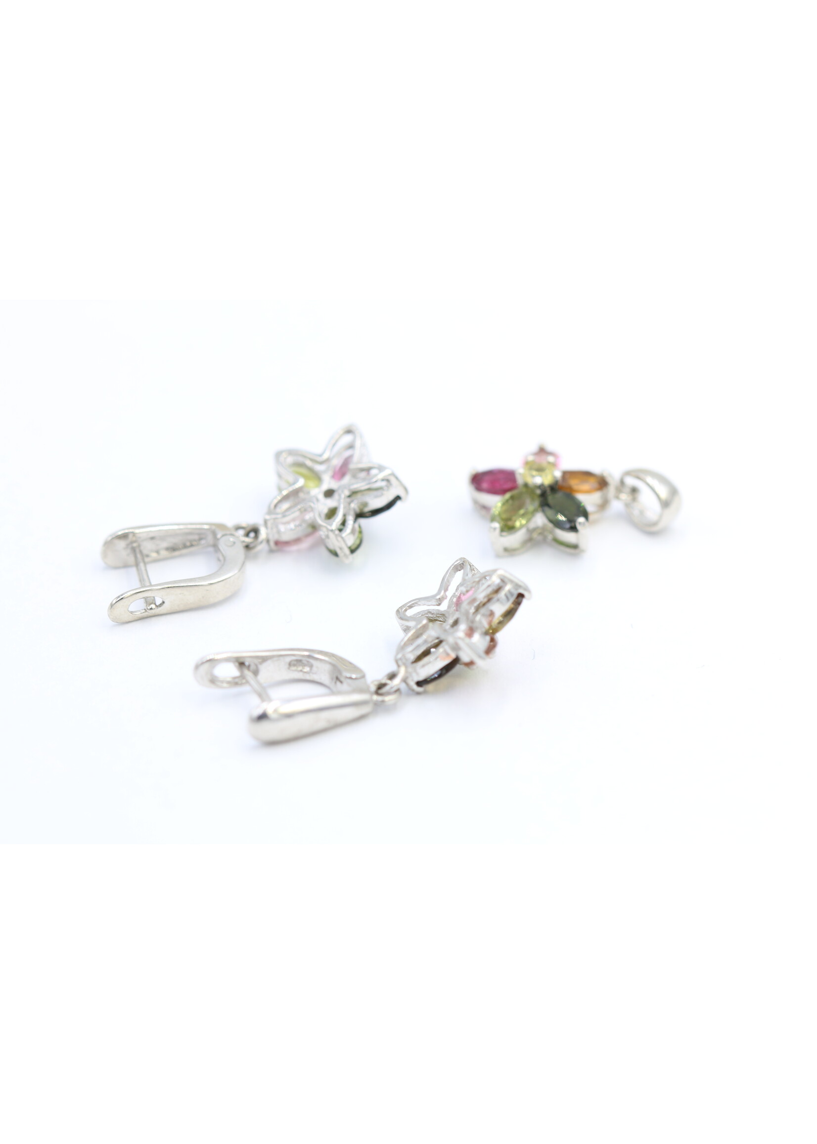 925 Rhodium Plated Silver Set Set with Natural Multi-Color Tourmalines