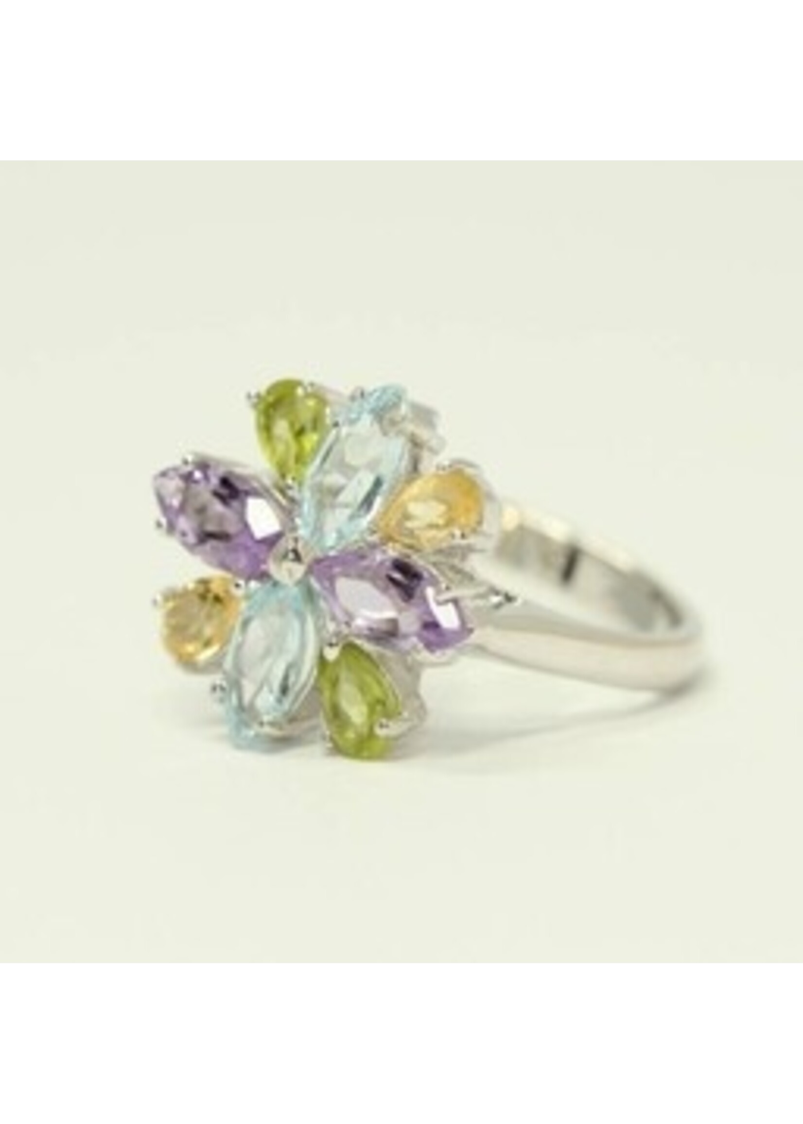 925 gerhodineerd zilveren ring bezet met natuurlijke Citrien,Blauwe Topaas, Peridot en Amethist