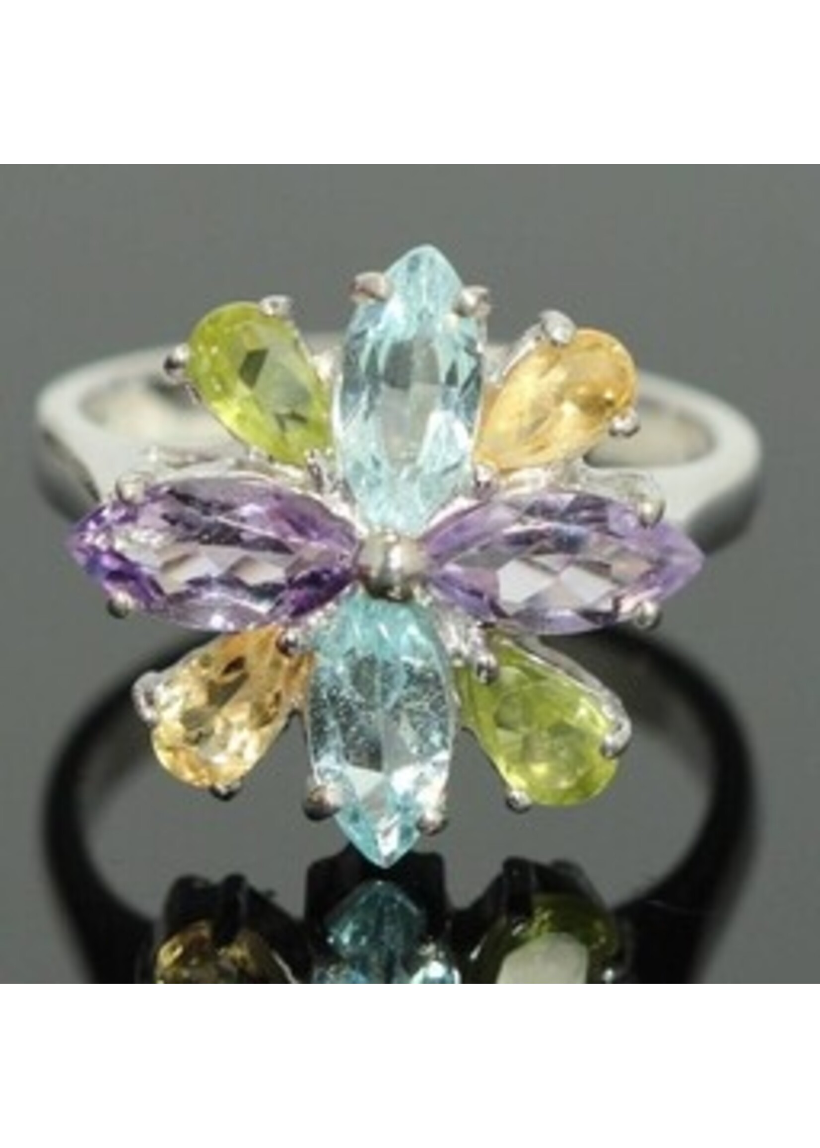 925 gerhodineerd zilveren ring bezet met natuurlijke Citrien,Blauwe Topaas, Peridot en Amethist